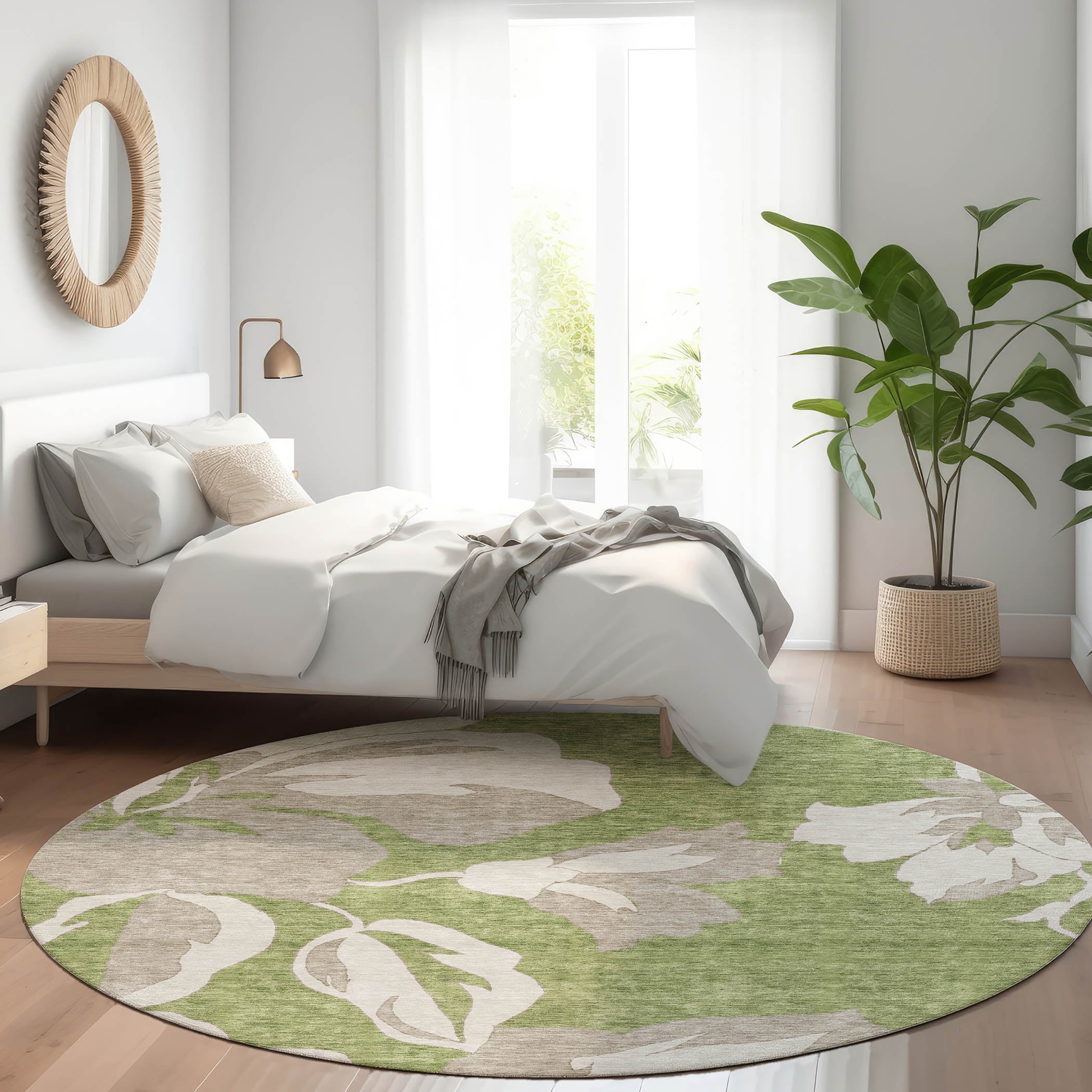 Oaxaca Machine Washable Transitional Olive Green Rug 8' x 8' #shape_Round