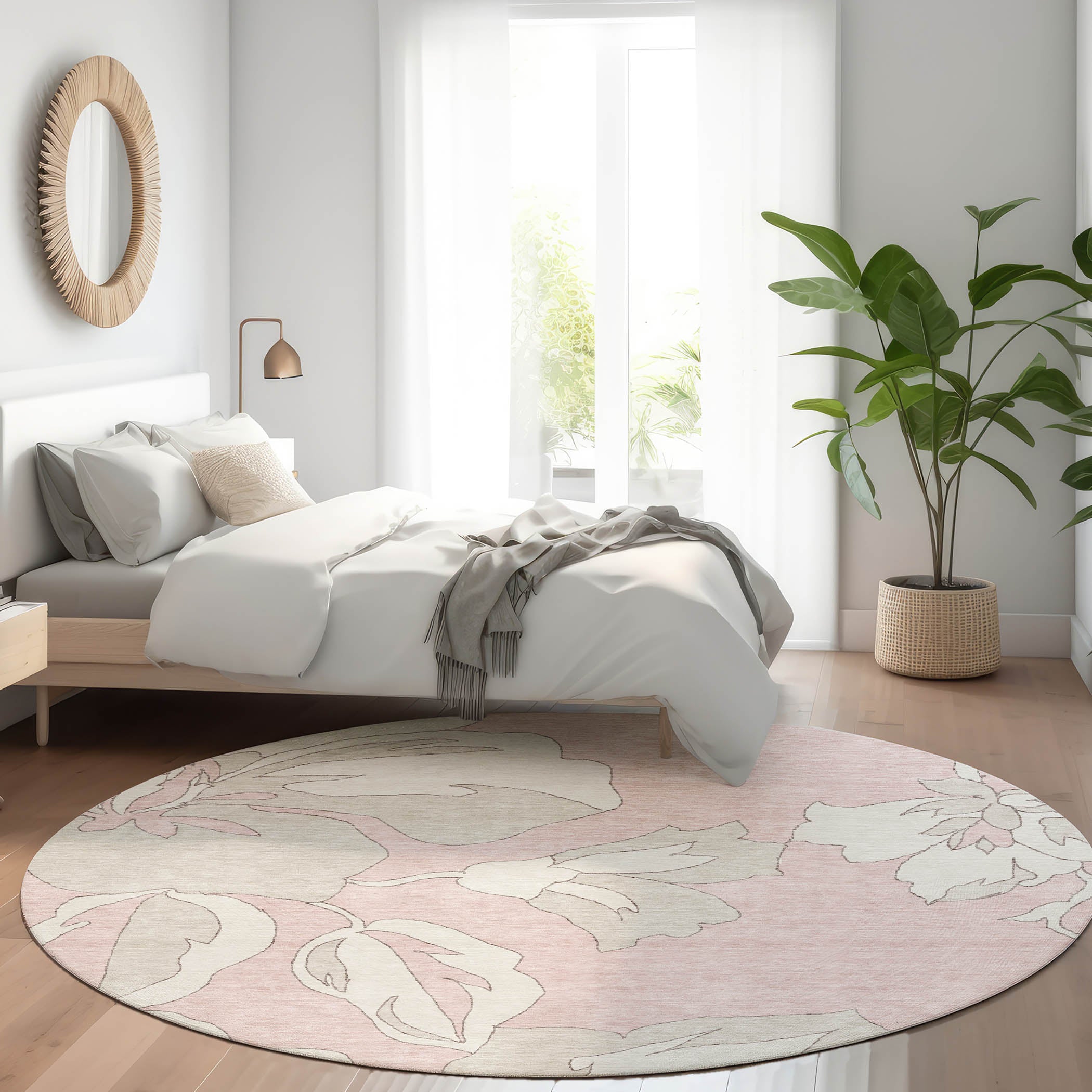 Oaxaca Machine Washable Transitional Pink Rug 8' x 8' #shape_Round