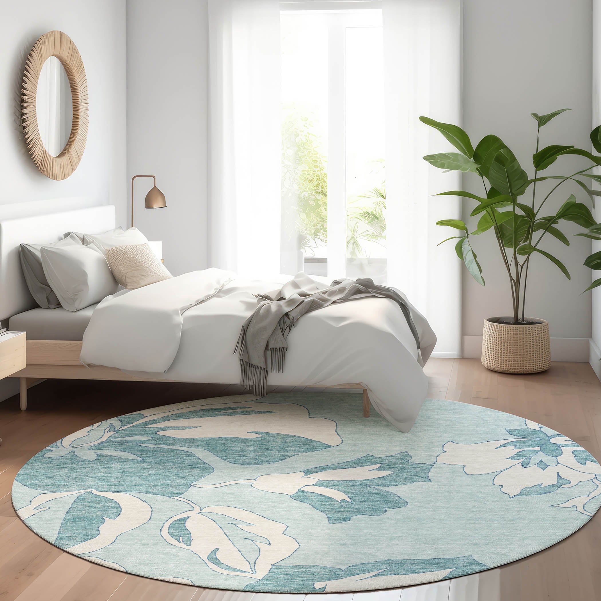 Oaxaca Machine Washable Transitional Teal Rug 8' x 8' #shape_Round