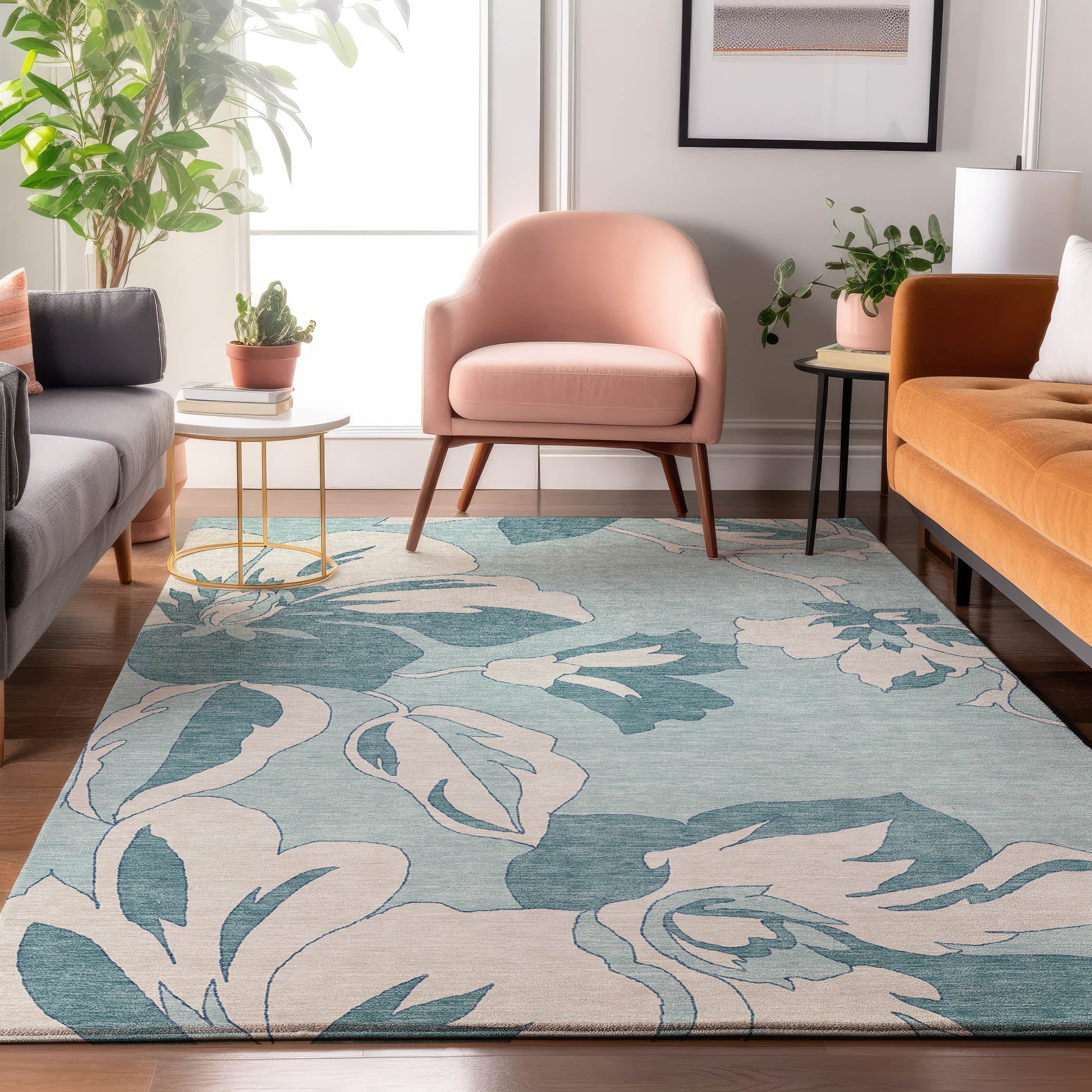 Oaxaca Machine Washable Transitional Teal Rug 2'6" x 3'10" #shape_Rectangle