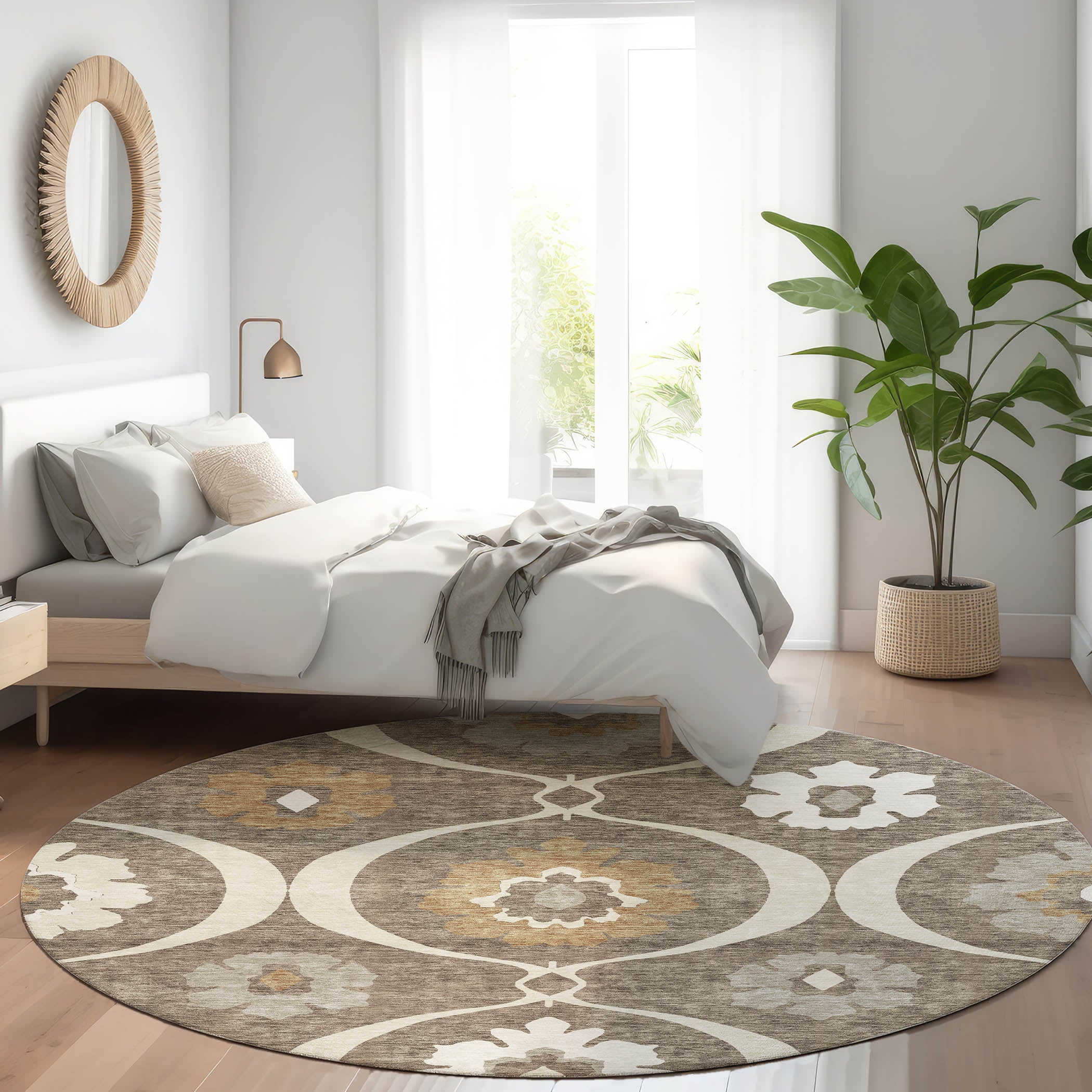Budapest Machine Washable Transitional Brown Rug 8' x 8' #shape_Round