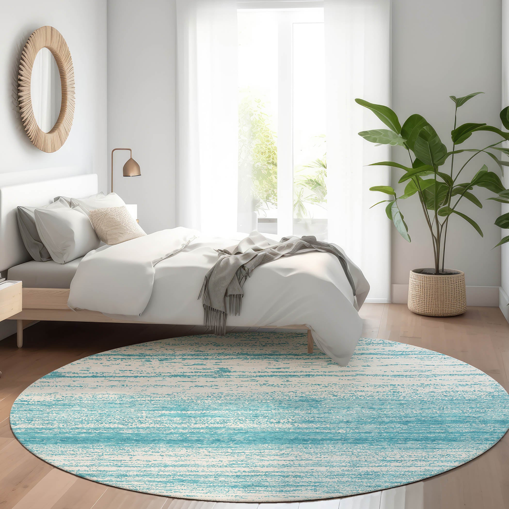 Vienna Machine Washable Transitional Teal Rug 8' x 8' #shape_Round