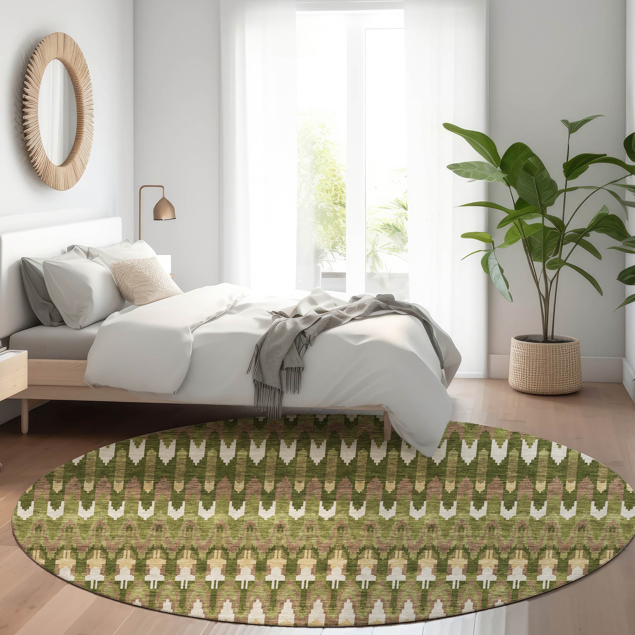 Split Machine Washable Transitional Olive Green Rug 8' x 8' #shape_Round