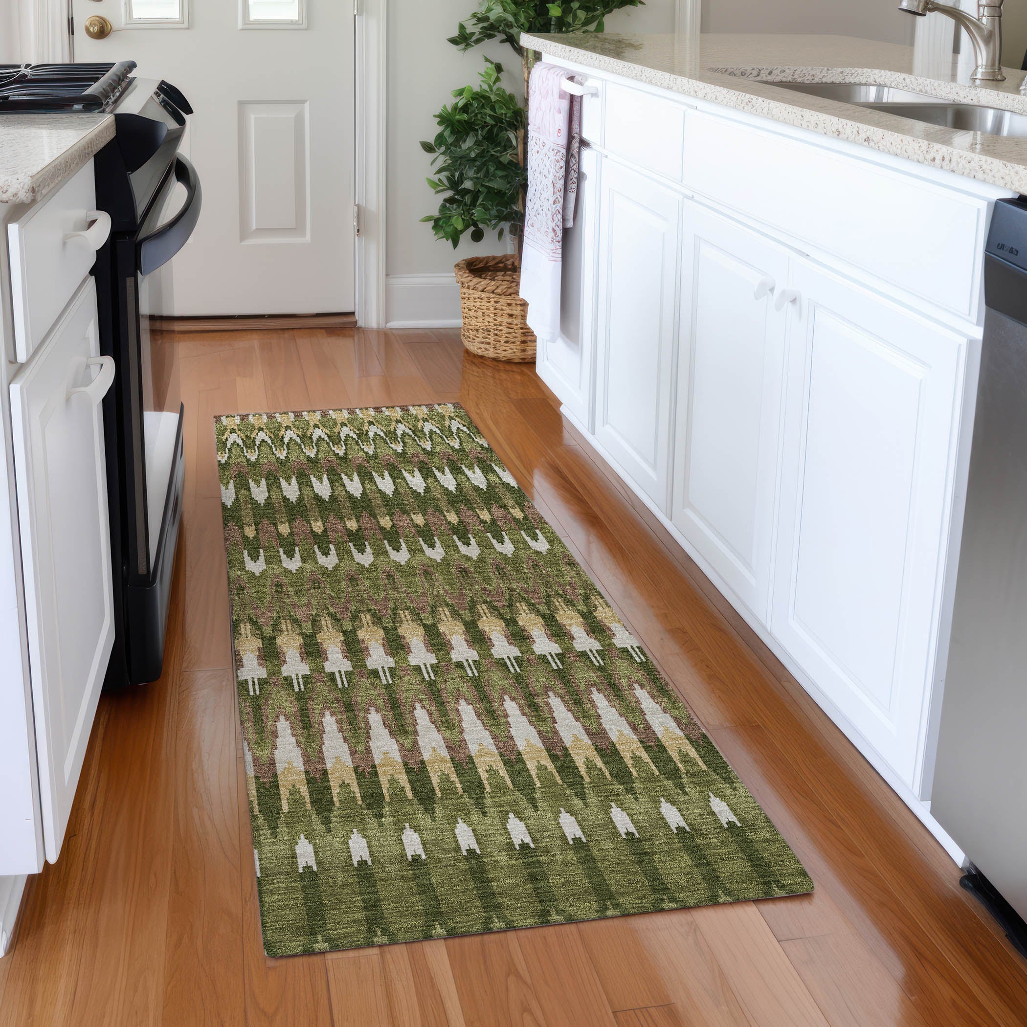 Split Machine Washable Transitional Olive Green Rug 2'3" x 7'6" #shape_Runner