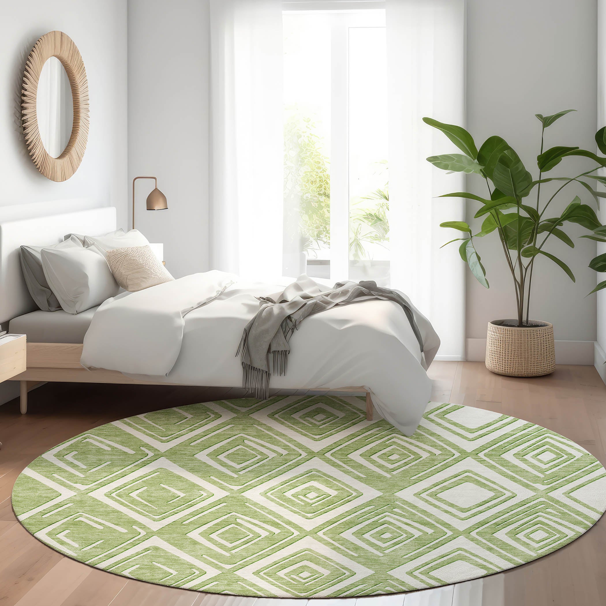 Tbilisi Machine Washable Transitional Green Rug 8' x 8' #shape_Round