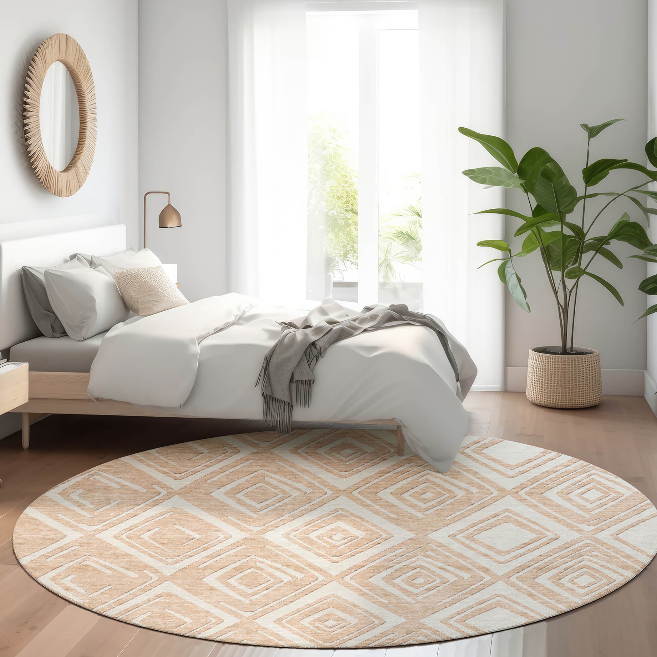 Tbilisi Machine Washable Transitional Peach Orange Rug 8' x 8' #shape_Round