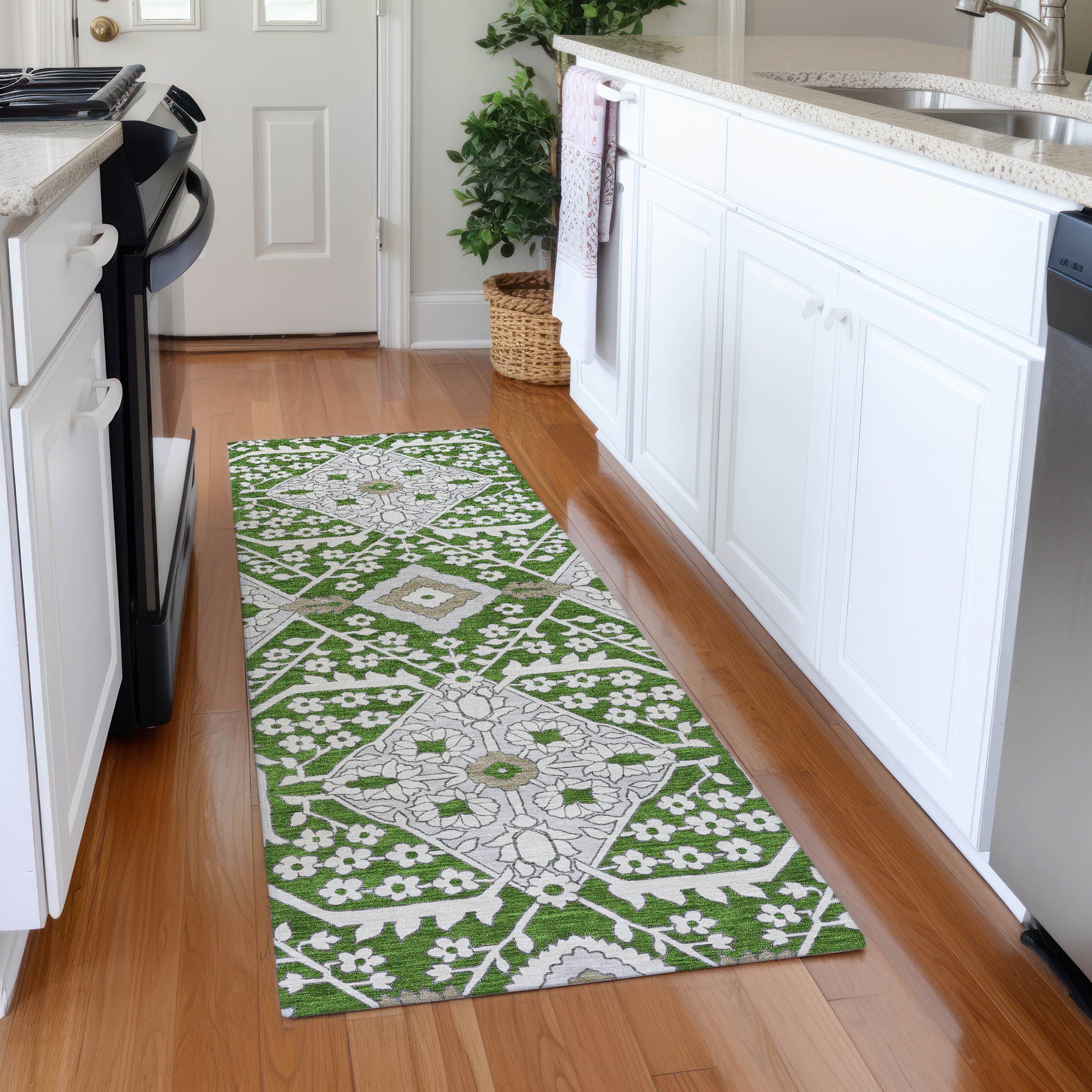 Sintra Machine Washable Transitional Green Rug 2'3" x 7'6" #shape_Runner