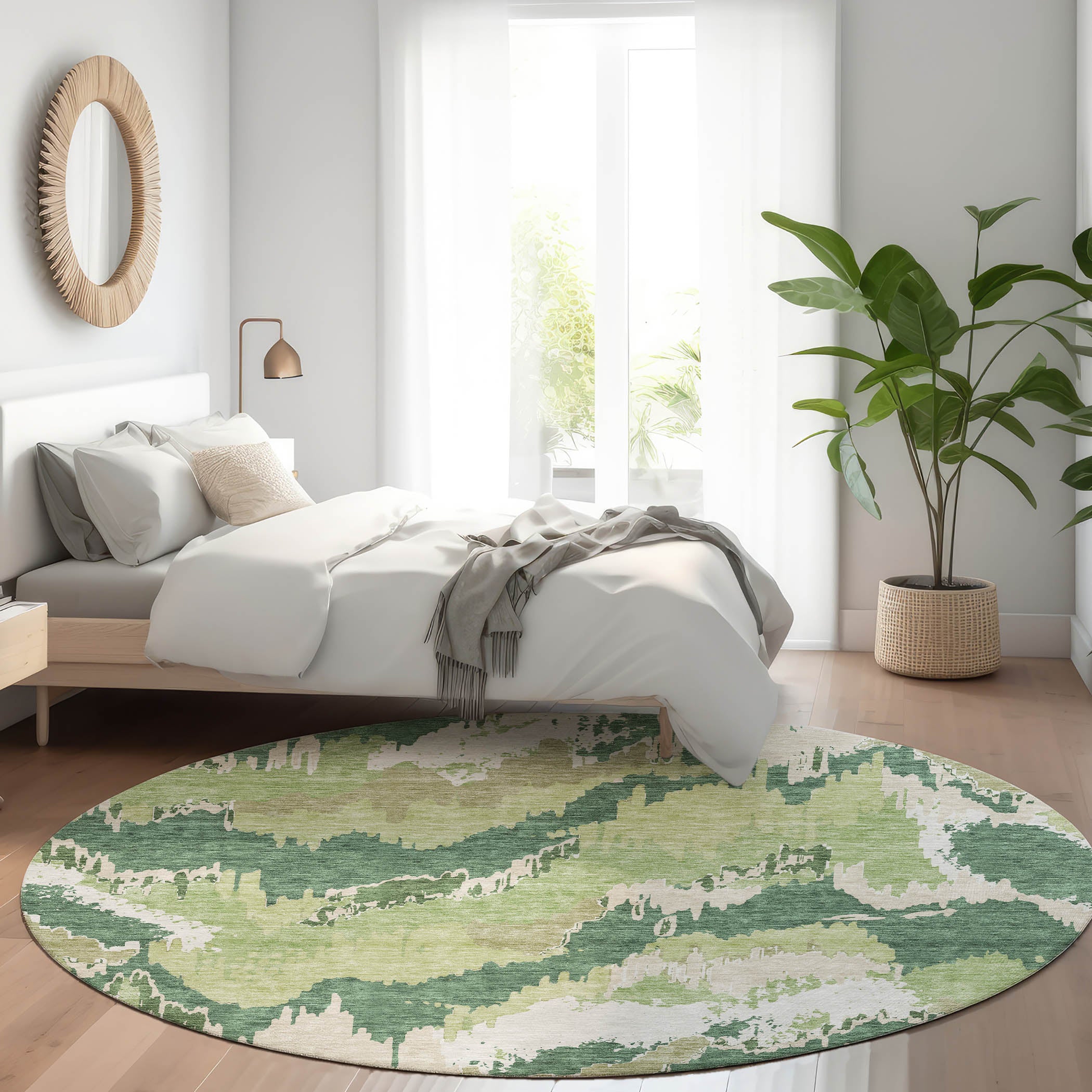 Valletta Machine Washable Transitional Green Rug 8' x 8' #shape_Round