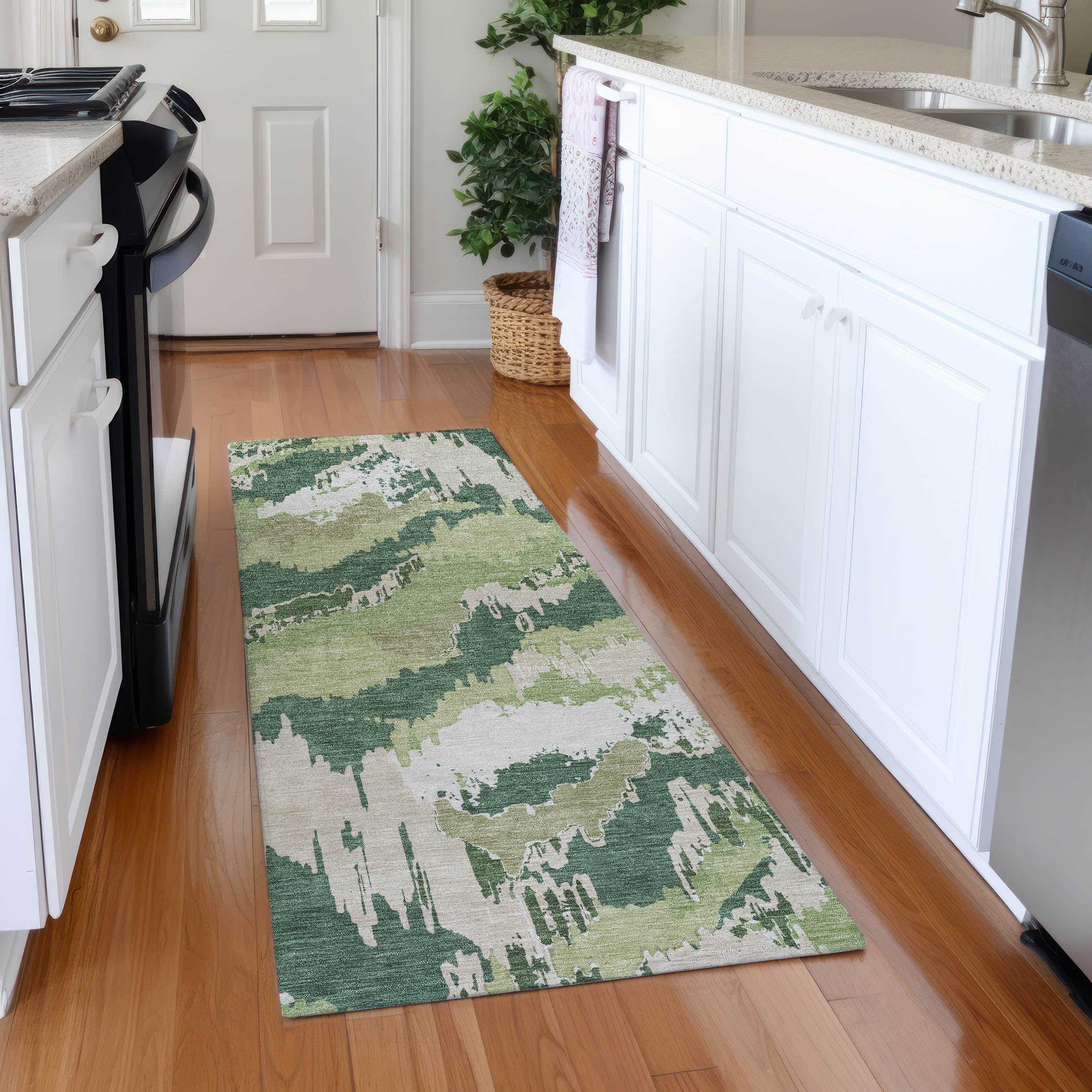 Valletta Machine Washable Transitional Green Rug 2'3" x 7'6" #shape_Runner