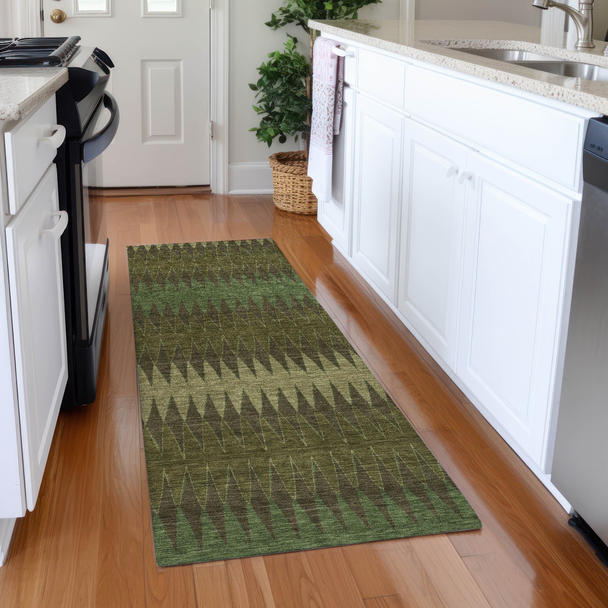 Bern Machine Washable Transitional Olive Green Rug 2'3" x 7'6" #shape_Runner