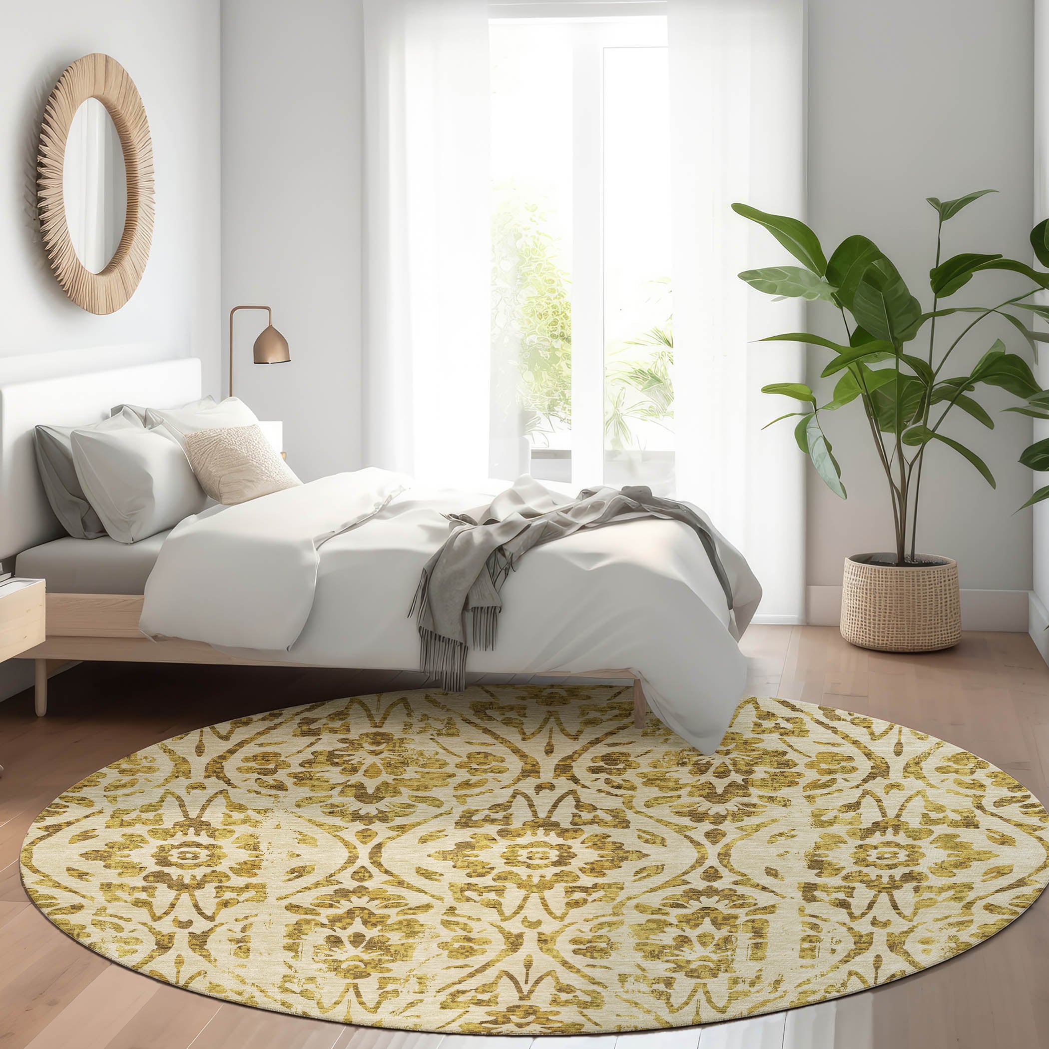 Cartagena Machine Washable Transitional Gold Rug 8' x 8' #shape_Round