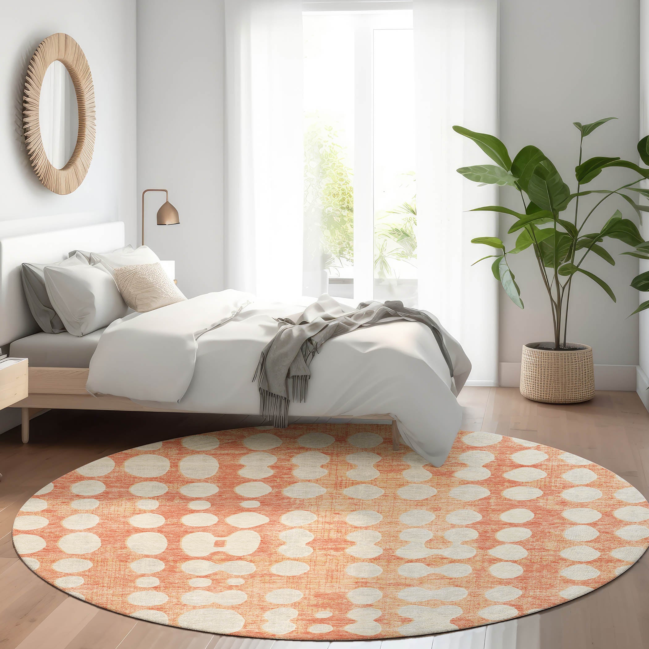 Budapest Machine Washable Transitional Coral Orange Rug 8' x 8' #shape_Round