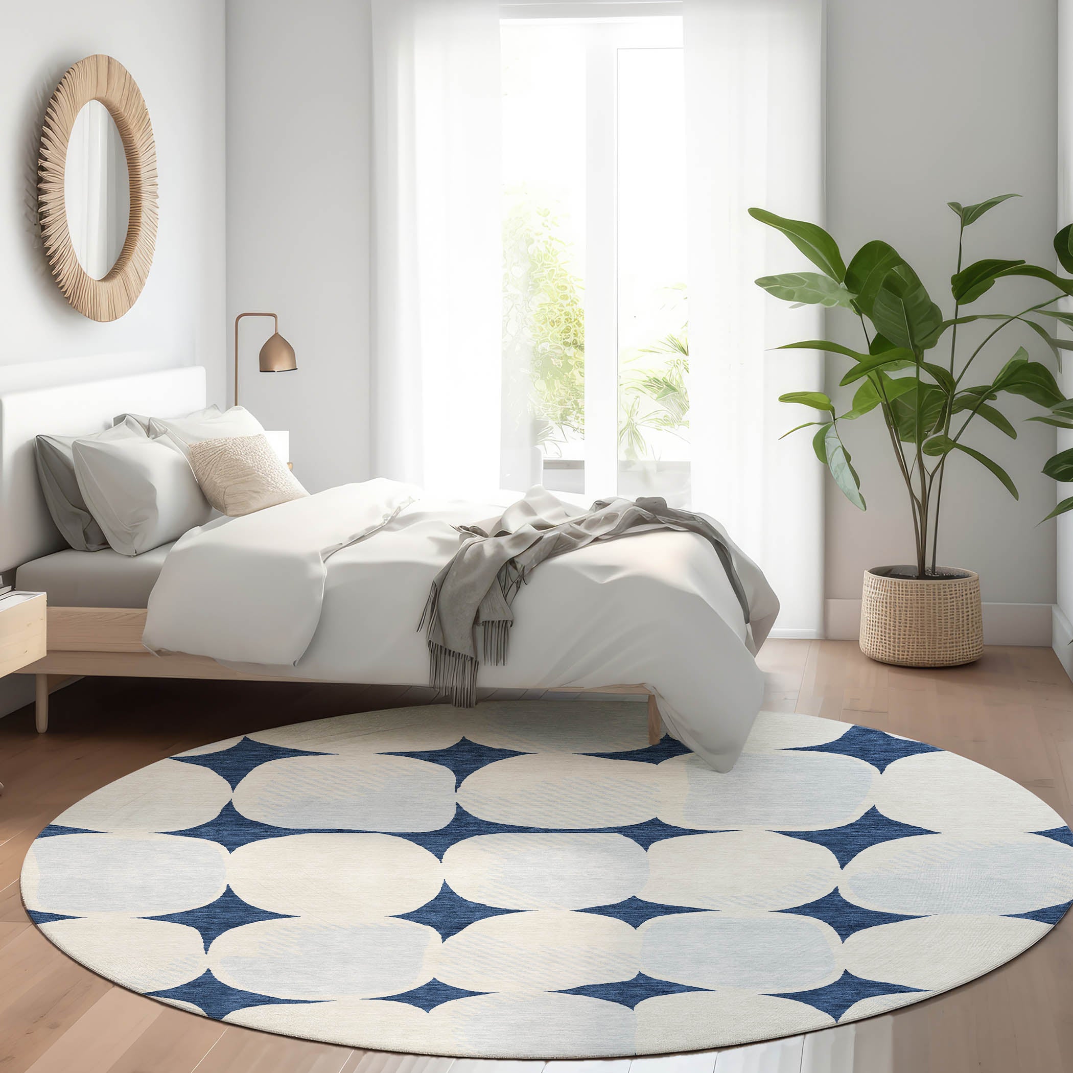 Lima Machine Washable Transitional Navy Blue Rug 8' x 8' #shape_Round
