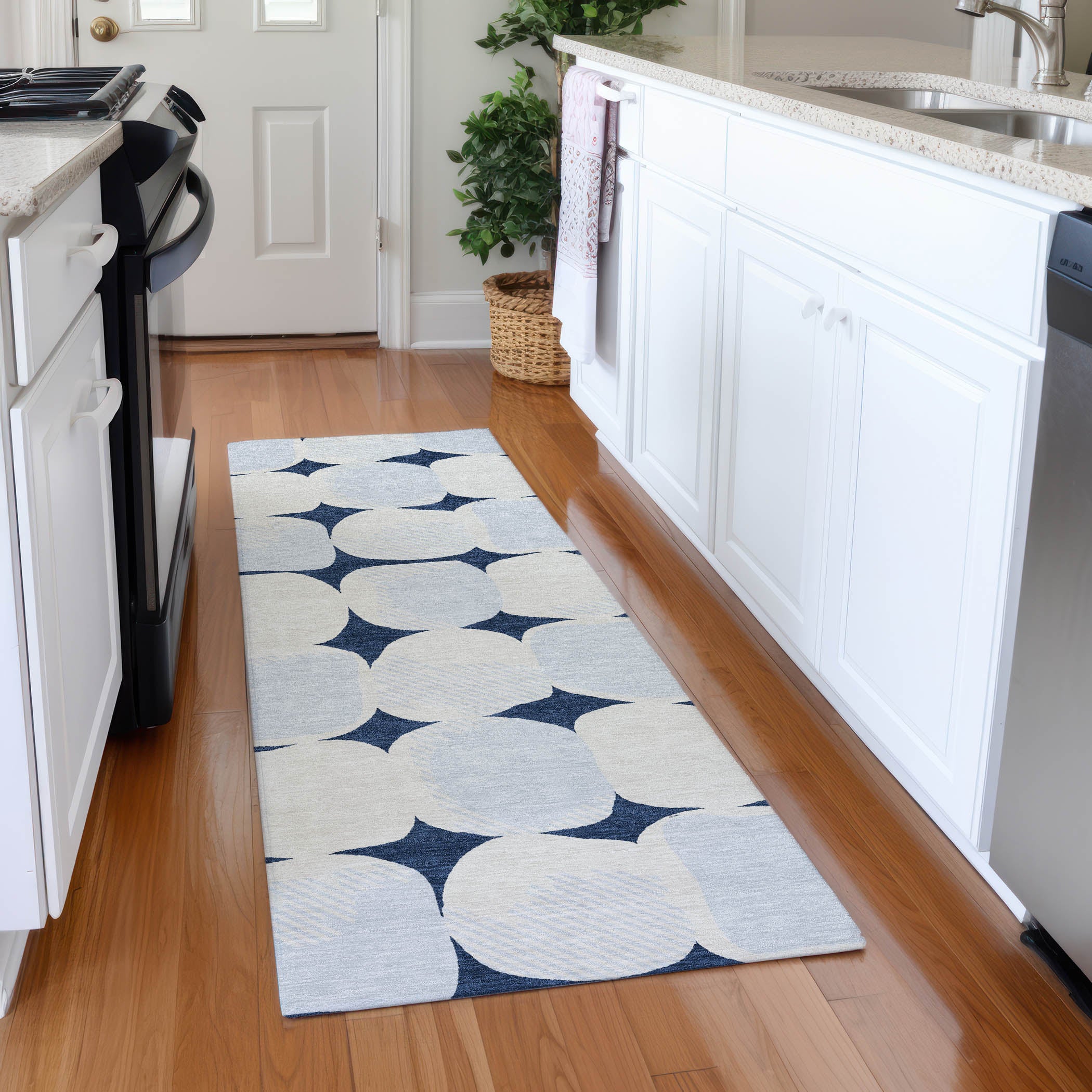Lima Machine Washable Transitional Navy Blue Rug 2'3" x 7'6" #shape_Runner