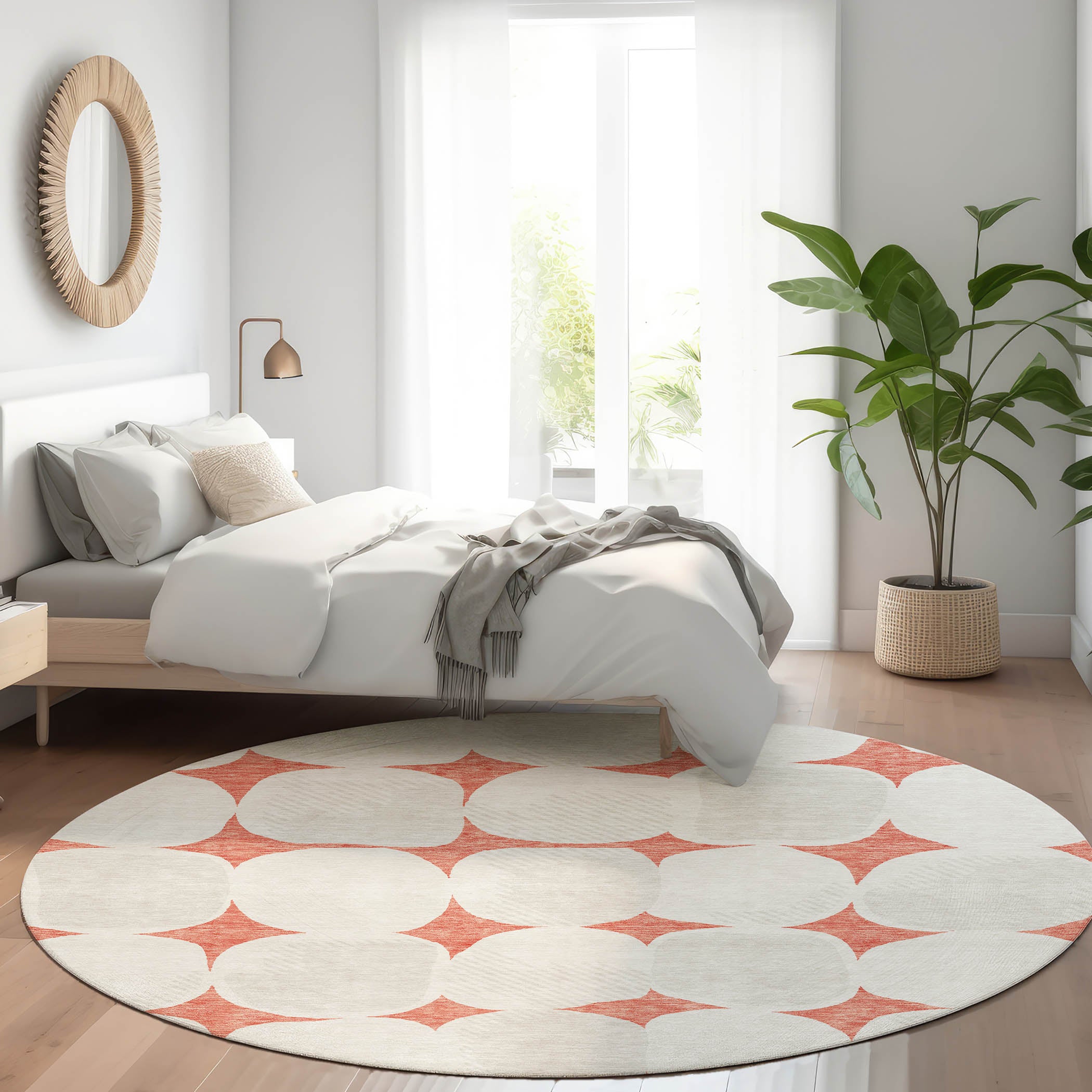 Lima Machine Washable Transitional Salmon Orange Rug 8' x 8' #shape_Round
