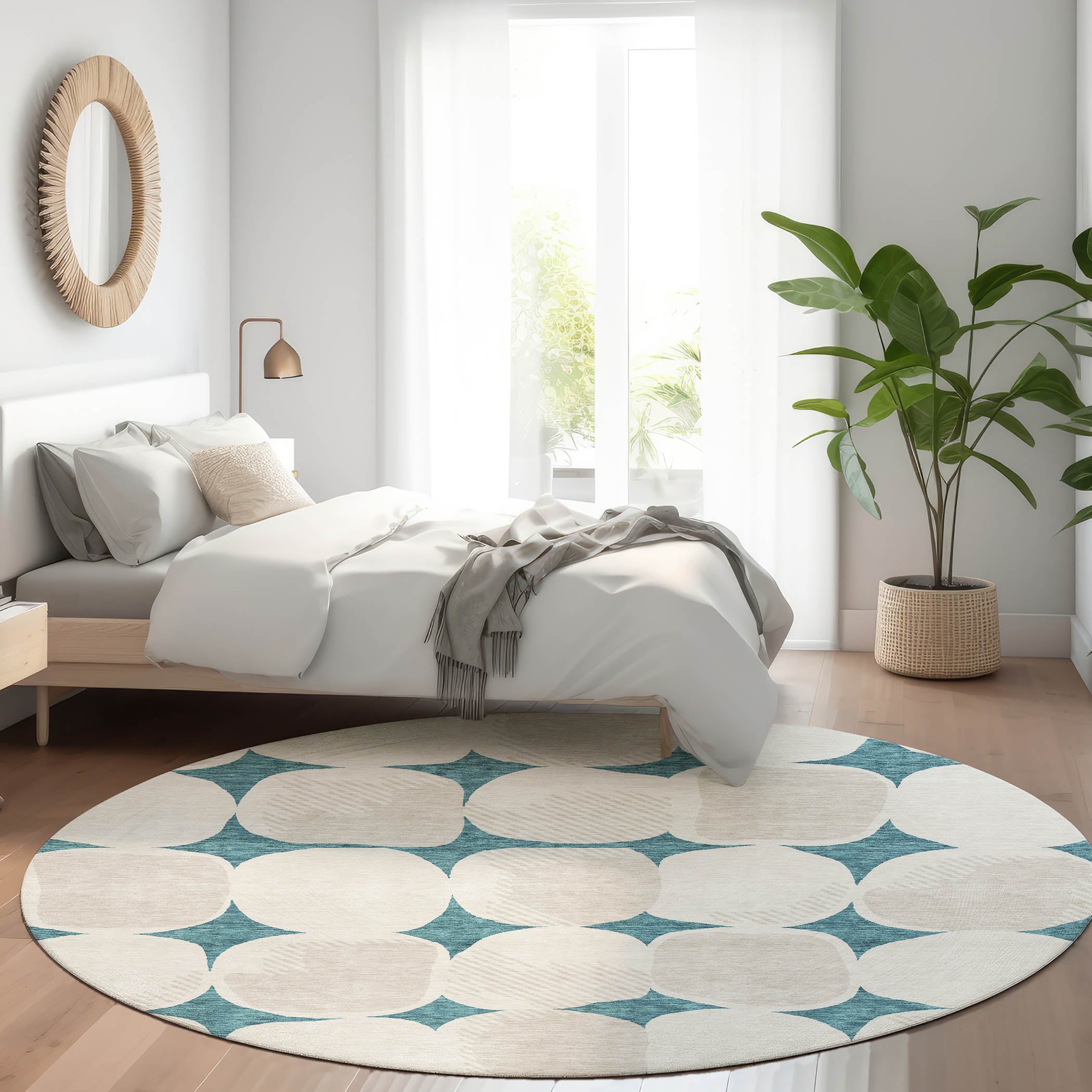 Lima Machine Washable Transitional Teal Rug 8' x 8' #shape_Round