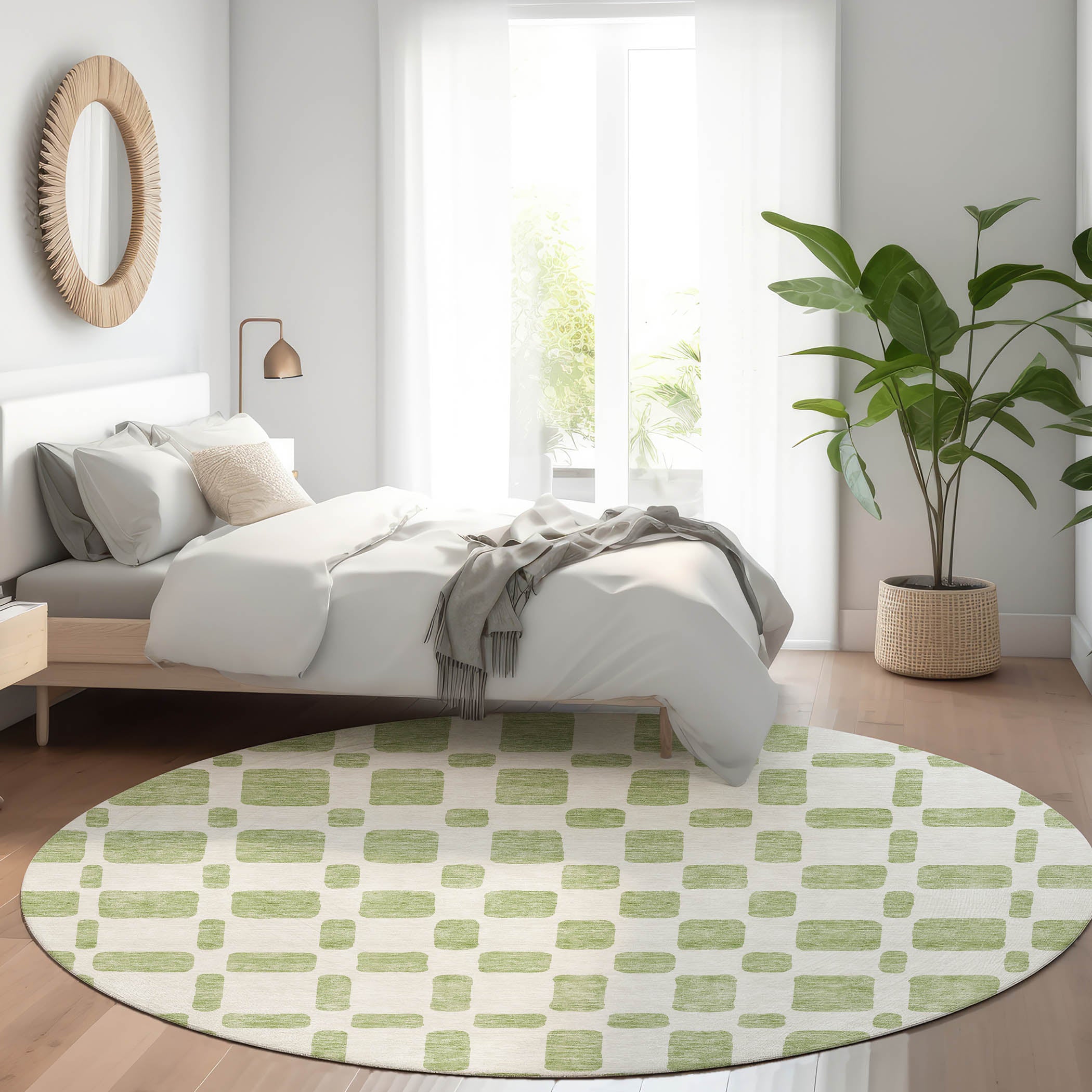 Athens Machine Washable Transitional Aloe Green Rug 8' x 8' #shape_Round