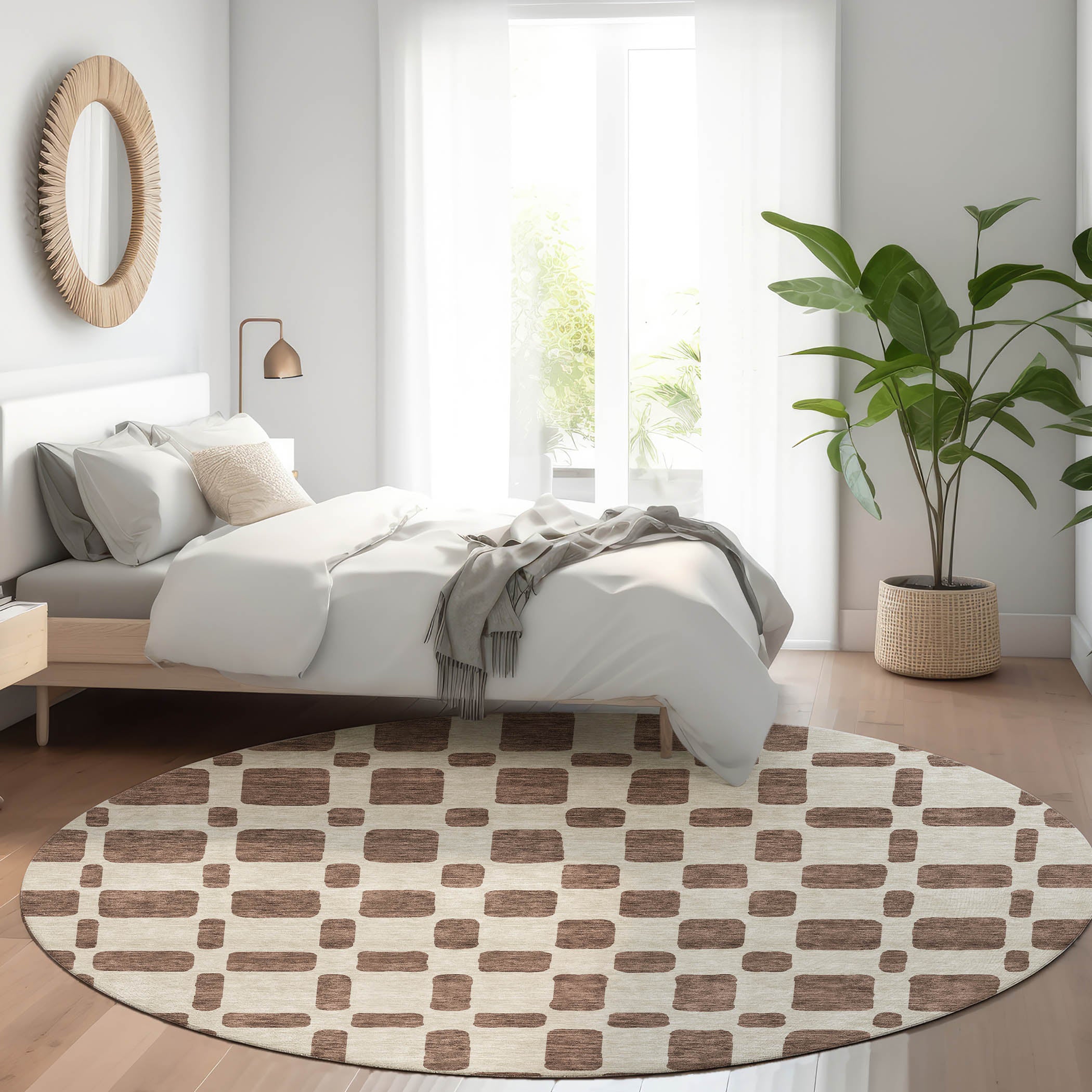 Athens Machine Washable Transitional Brown Rug 8' x 8' #shape_Round