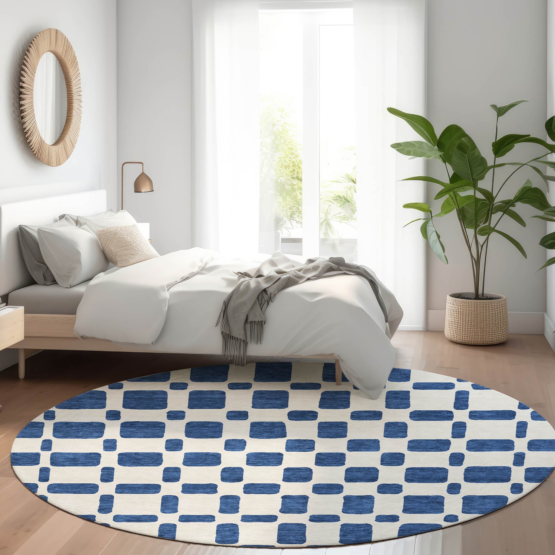 Athens Machine Washable Transitional Navy Blue Rug 8' x 8' #shape_Round