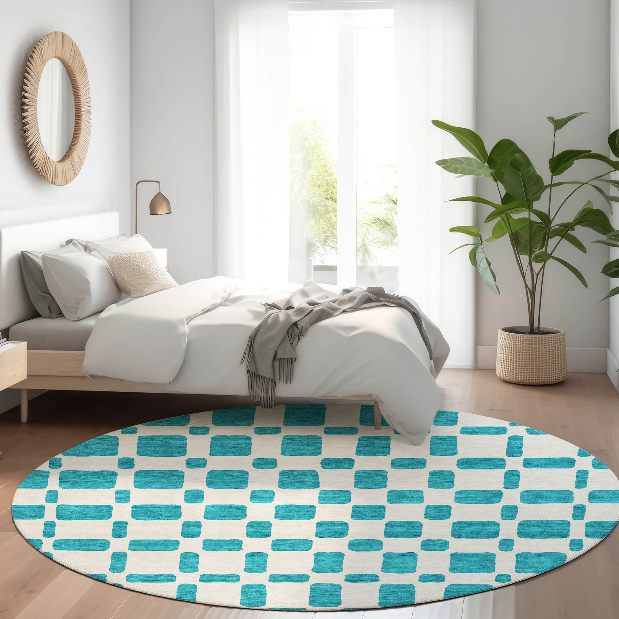 Athens Machine Washable Transitional Teal Rug 8' x 8' #shape_Round