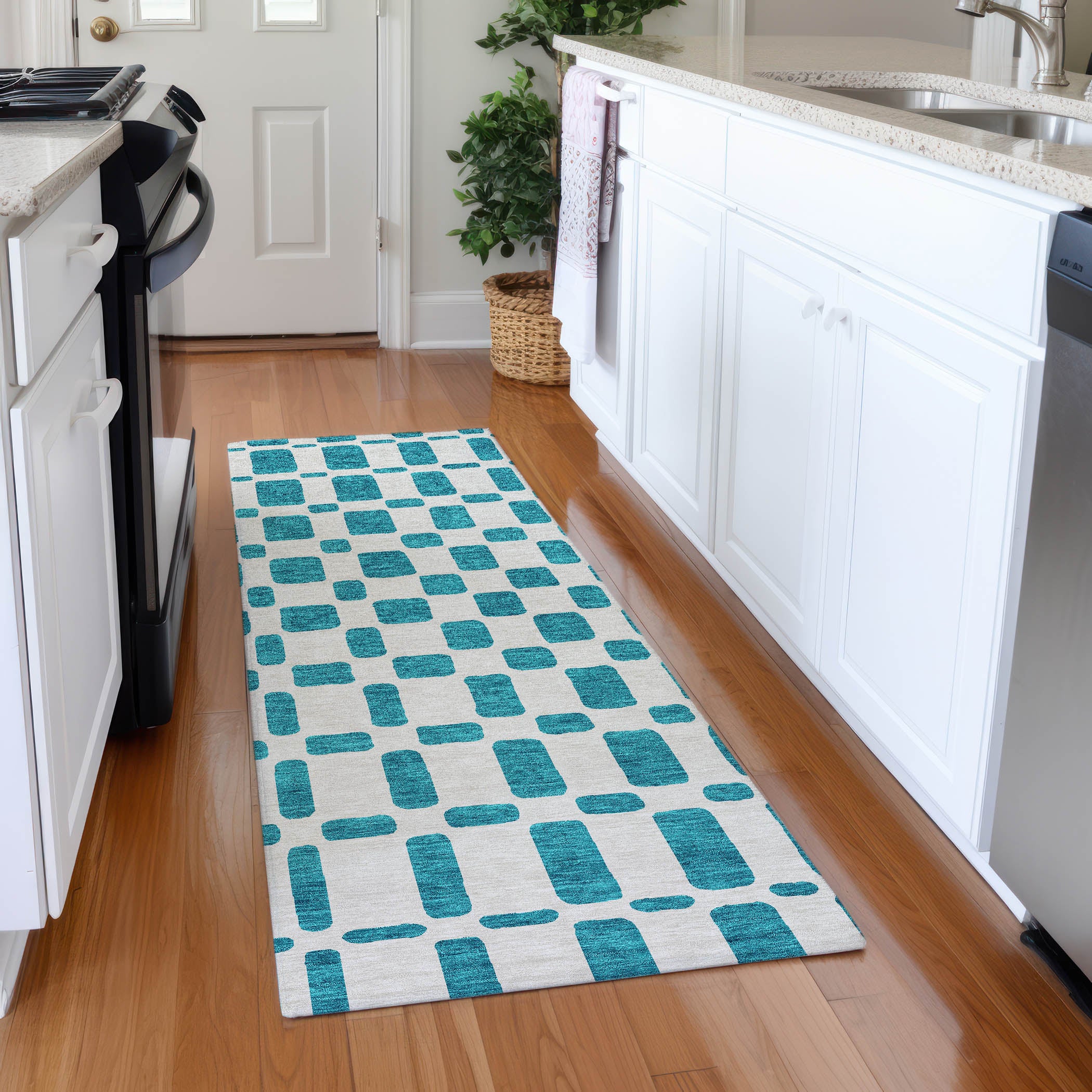 Athens Machine Washable Transitional Teal Rug 2'3" x 7'6" #shape_Runner