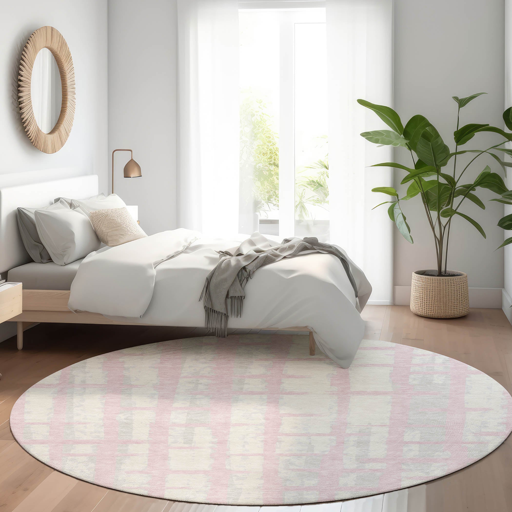 Siena Machine Washable Transitional Pink Rug 8' x 8' #shape_Round