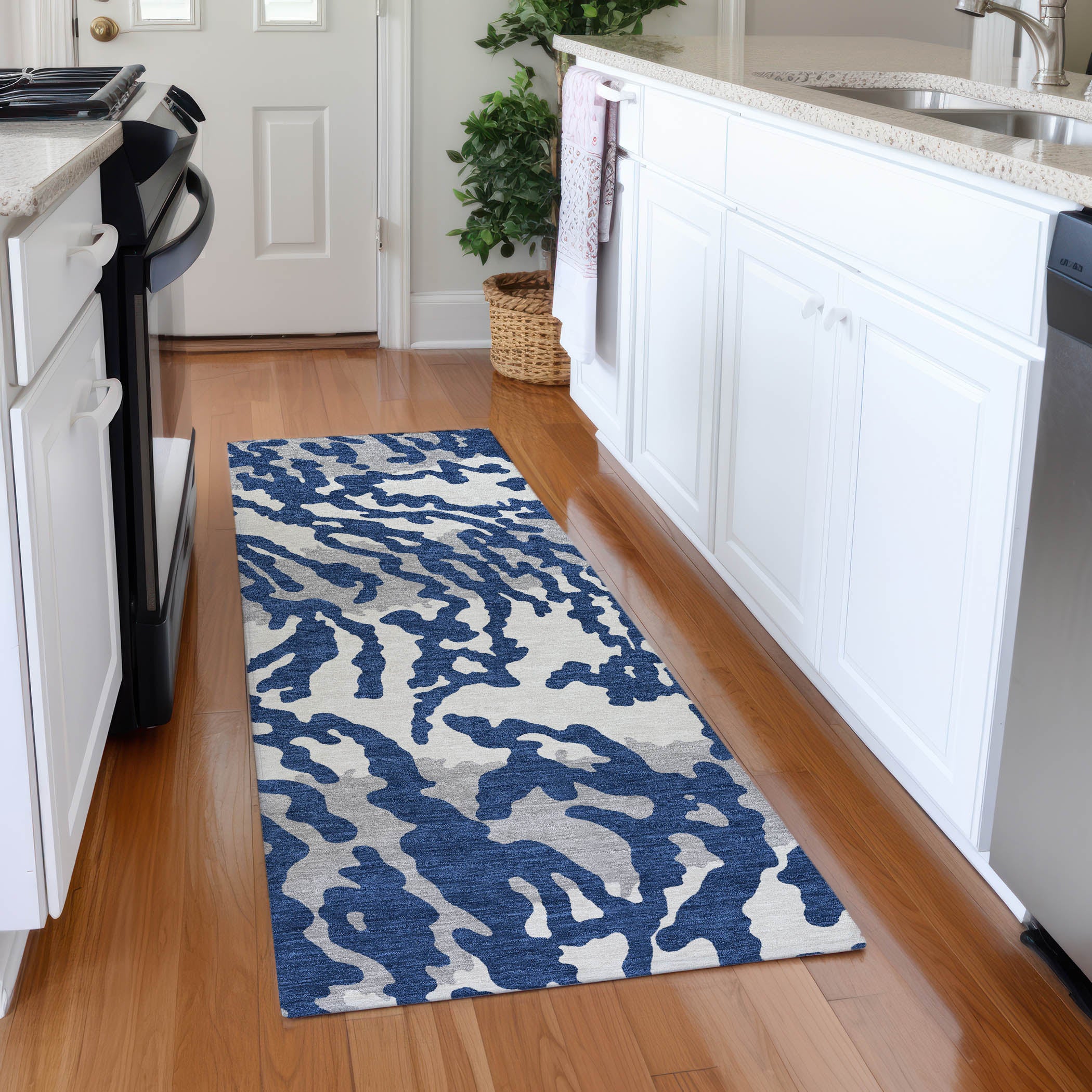 Baku Machine Washable Transitional Navy Blue Rug 2'3" x 7'6" #shape_Runner