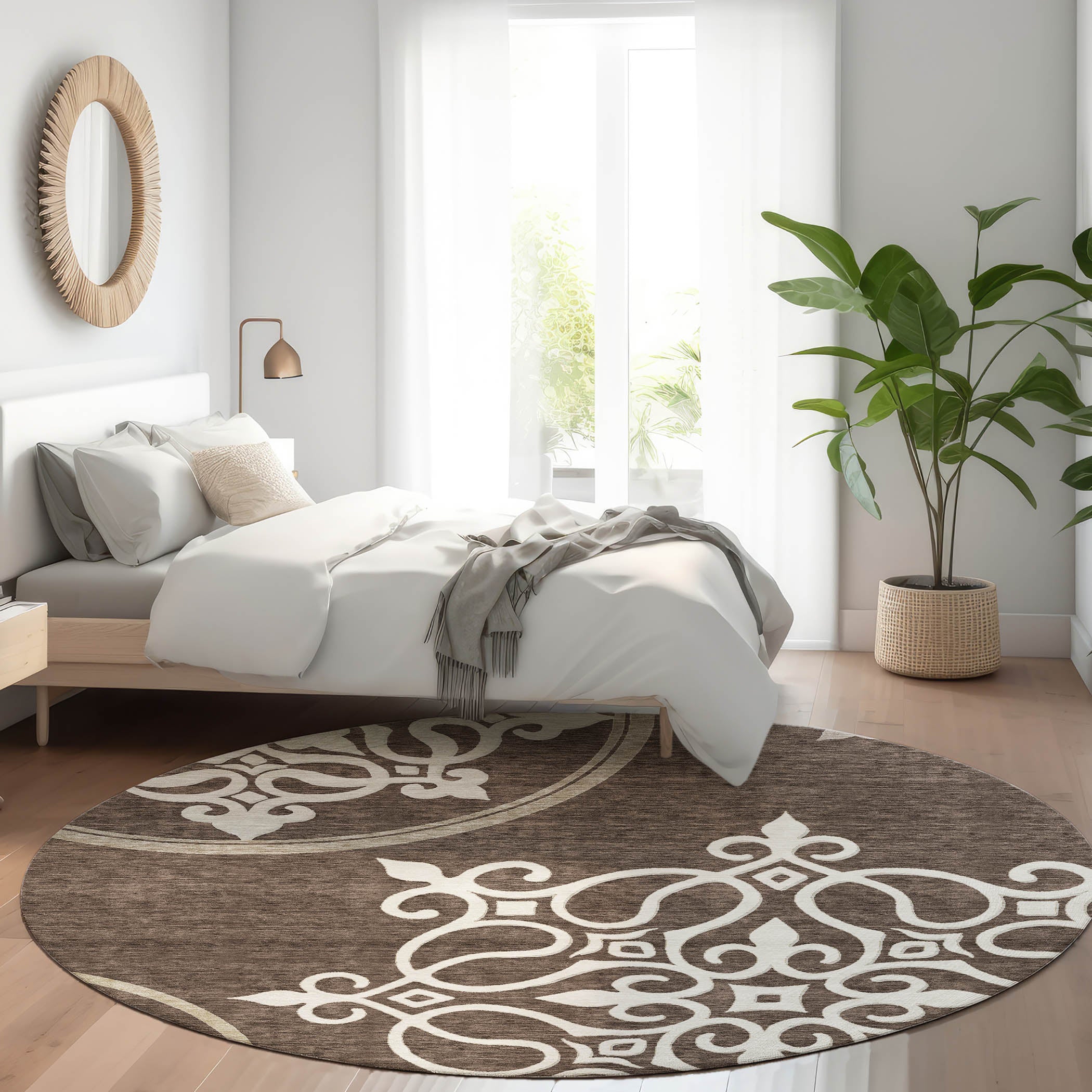 Kathmandu Machine Washable Transitional Chocolate Brown Rug 8' x 8' #shape_Round