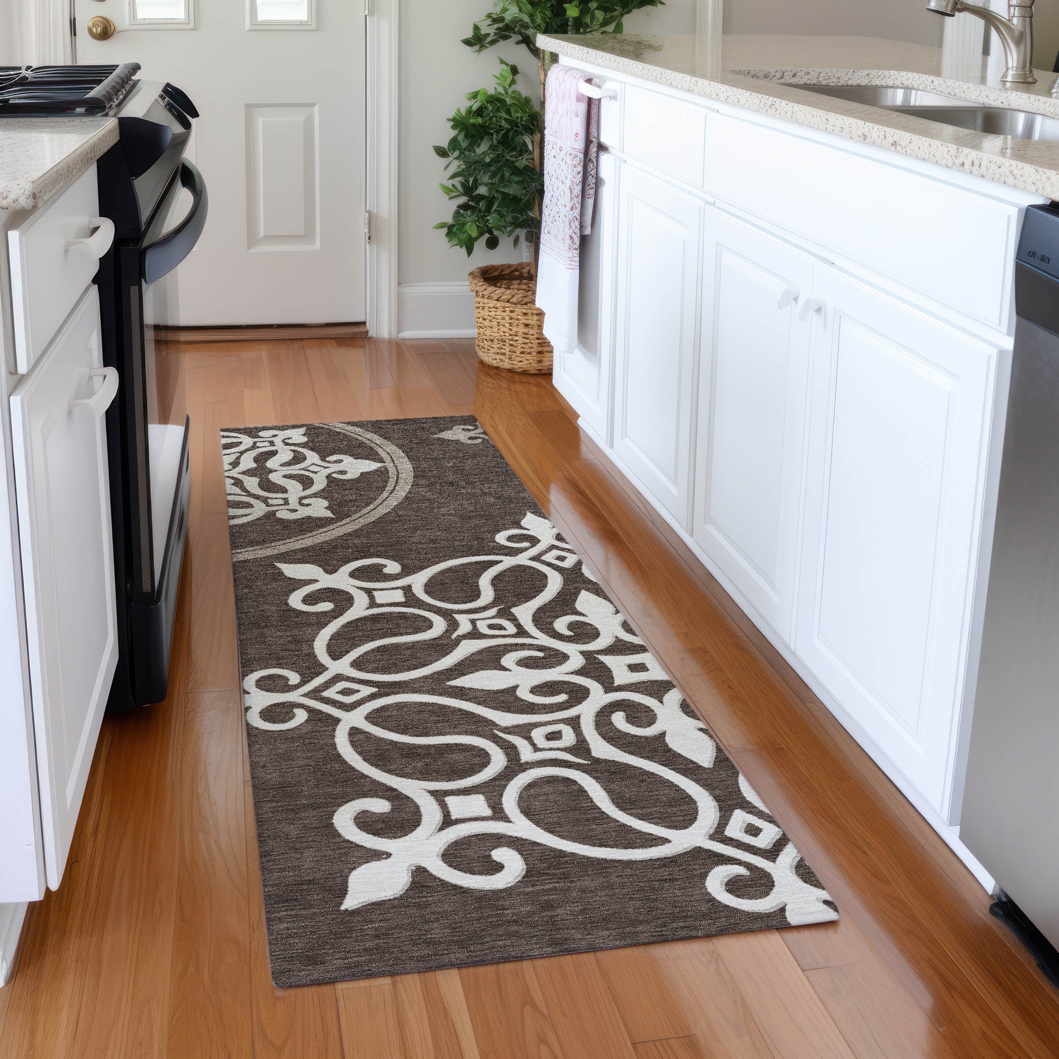 Kathmandu Machine Washable Transitional Chocolate Brown Rug 2'3" x 7'6" #shape_Runner