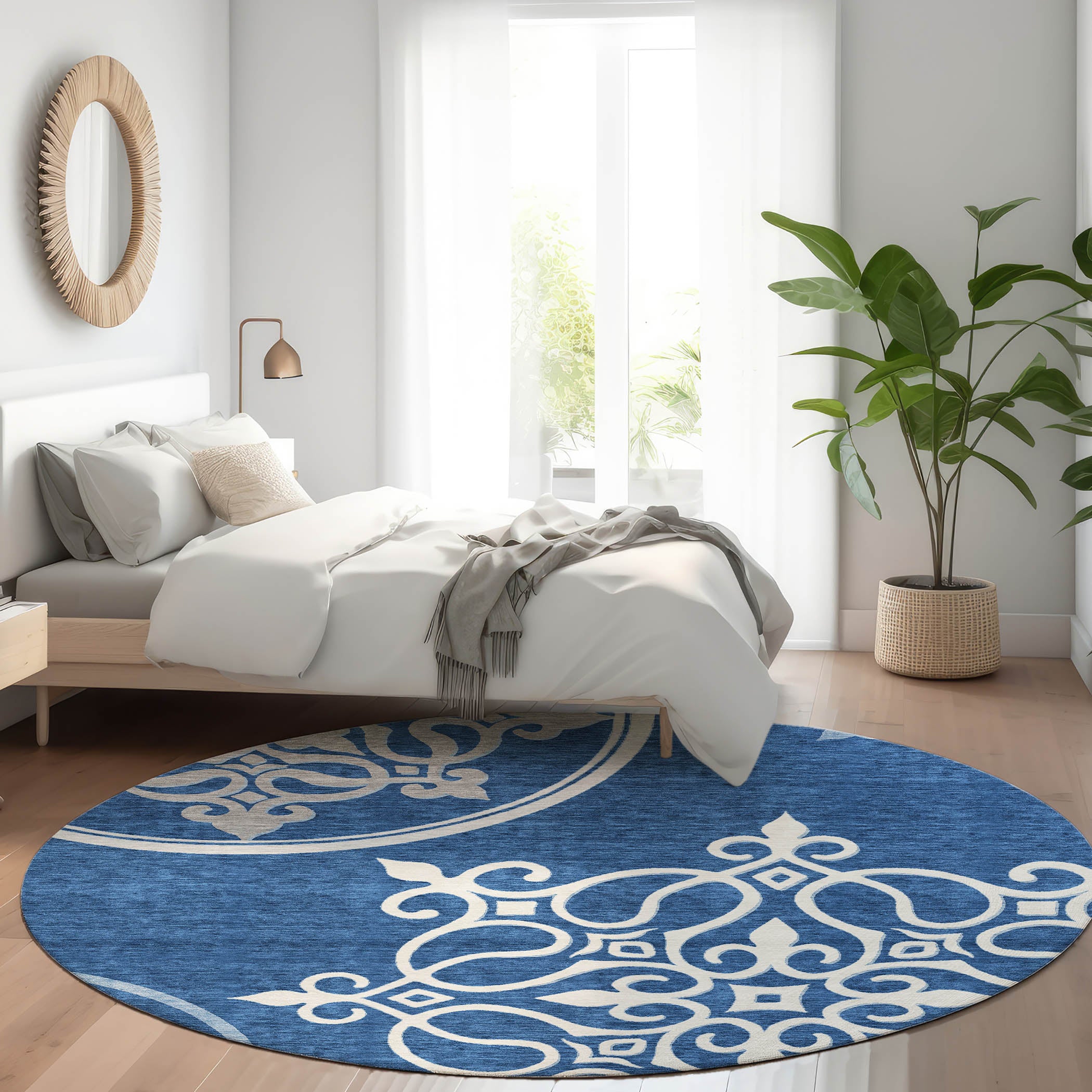 Kathmandu Machine Washable Transitional Navy Blue Rug 8' x 8' #shape_Round