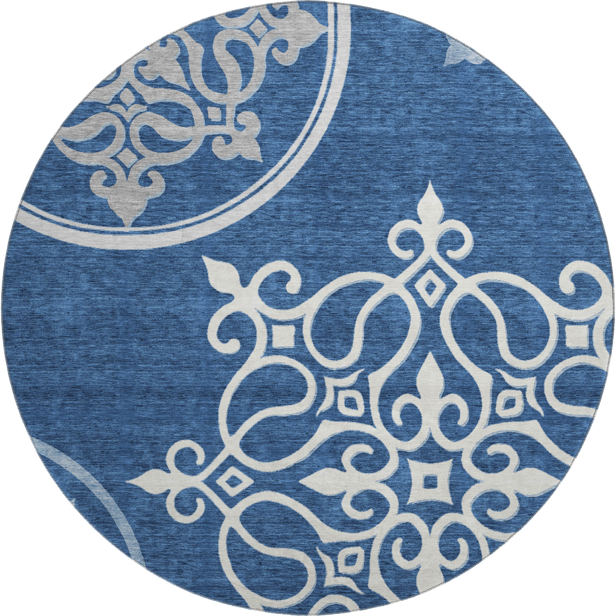 Kathmandu Machine Washable Transitional Navy Blue Rug 8' x 8' #shape_Round