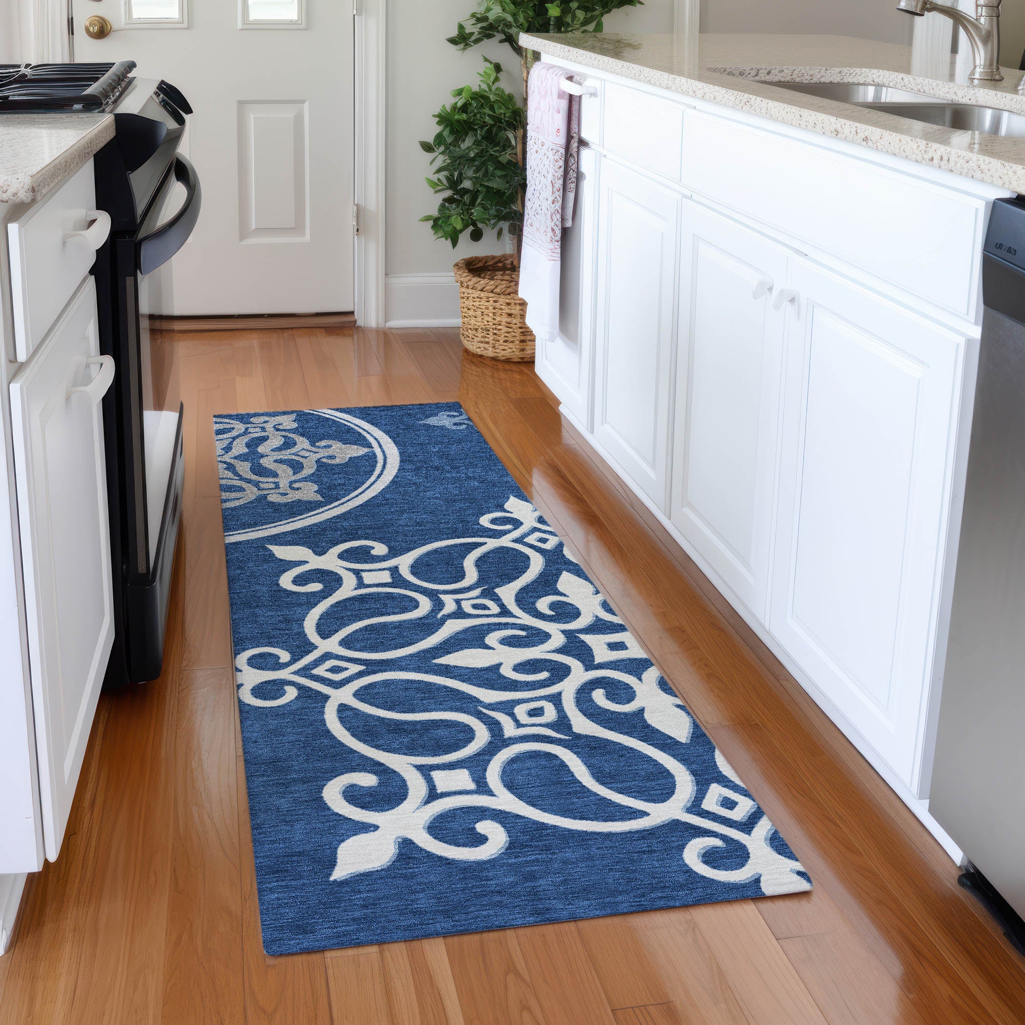 Kathmandu Machine Washable Transitional Navy Blue Rug 2'3" x 7'6" #shape_Runner