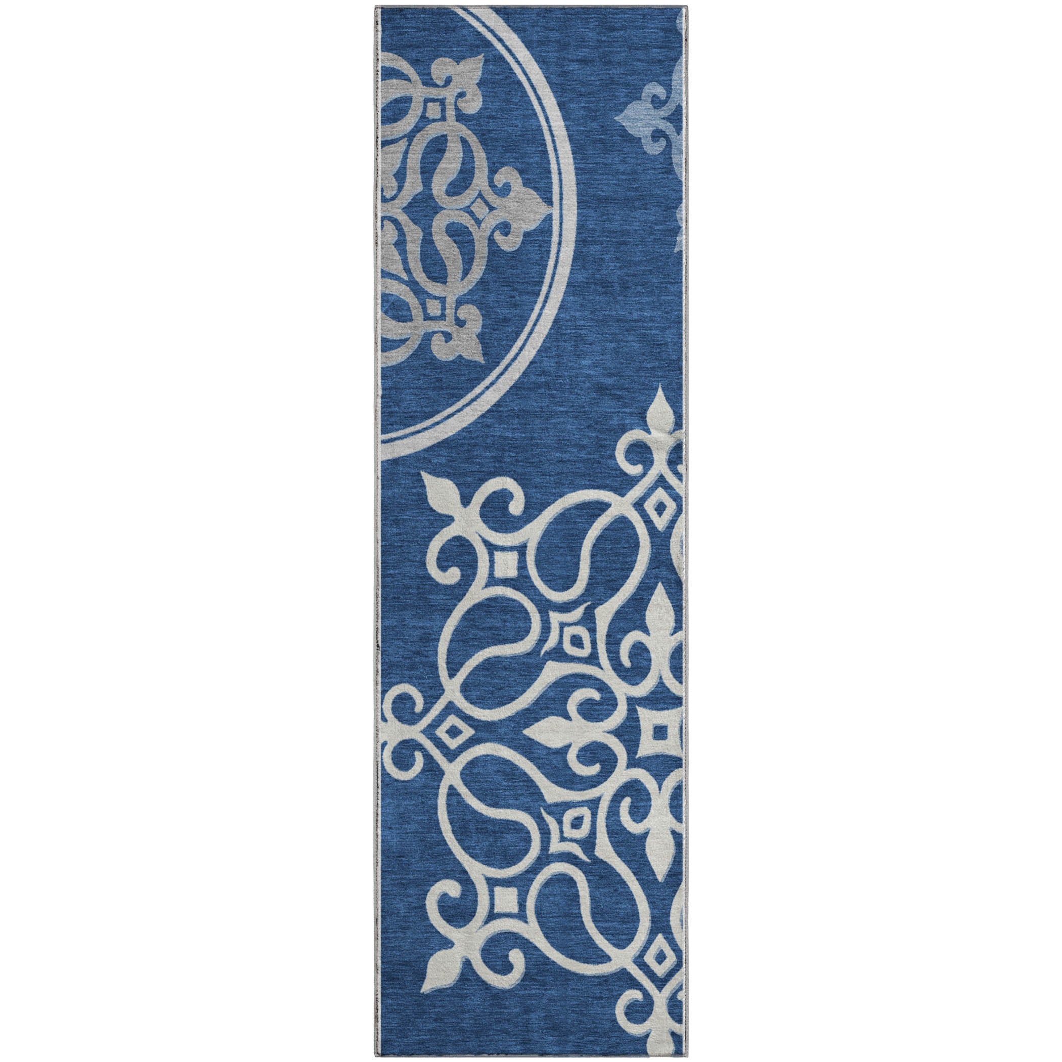 Kathmandu Machine Washable Transitional Navy Blue Rug 2'3" x 7'6" #shape_Runner
