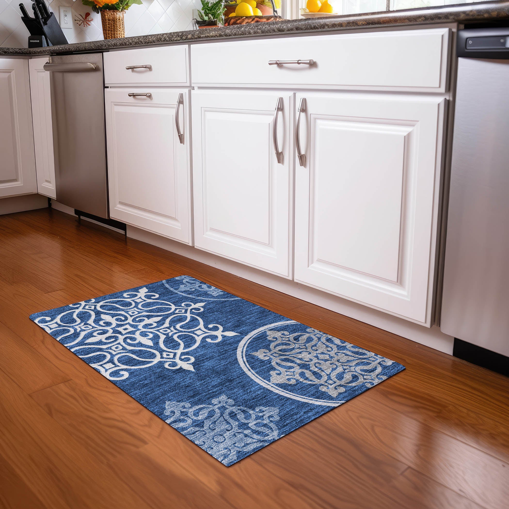 Kathmandu Machine Washable Transitional Navy Blue Rug 1'8" x 2'6" #shape_Rectangle