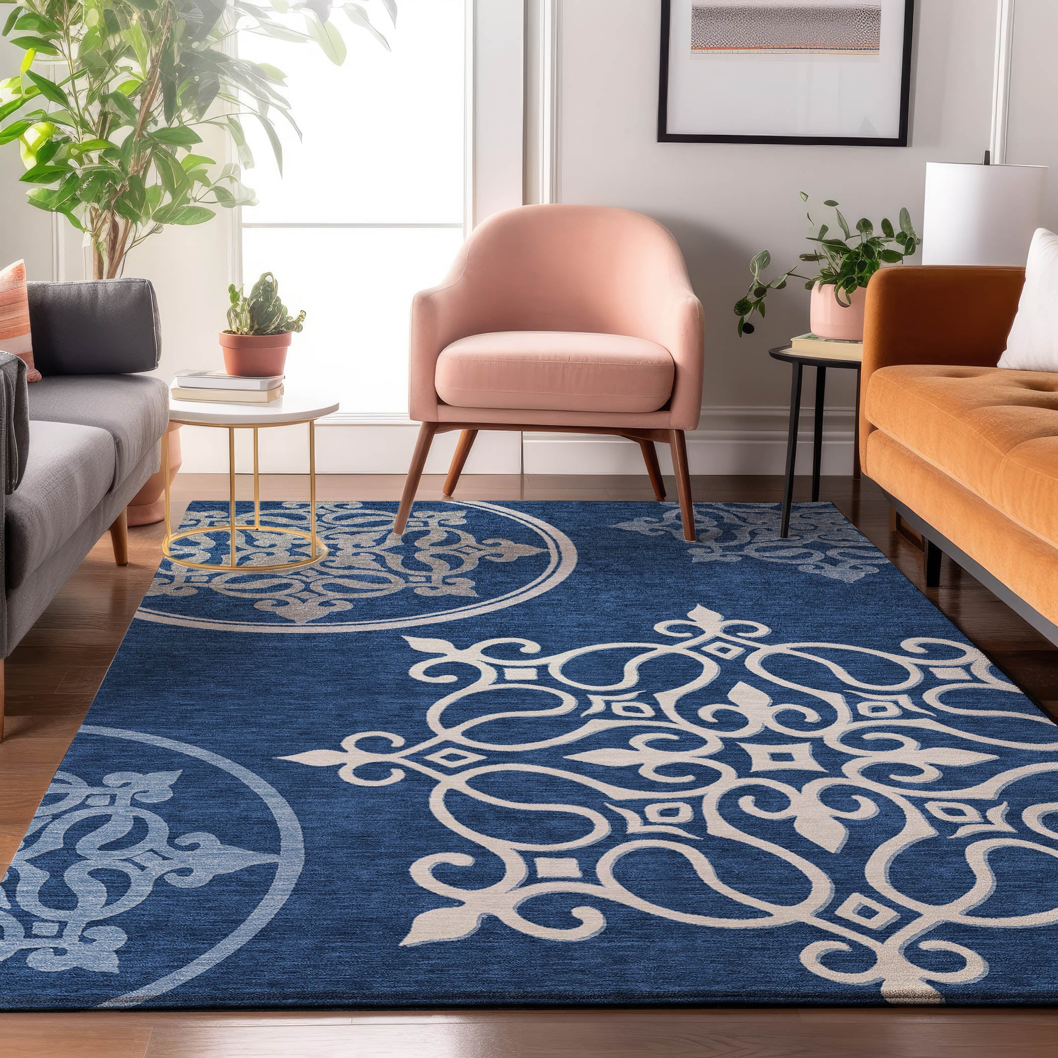 Kathmandu Machine Washable Transitional Navy Blue Rug 2'6" x 3'10" #shape_Rectangle