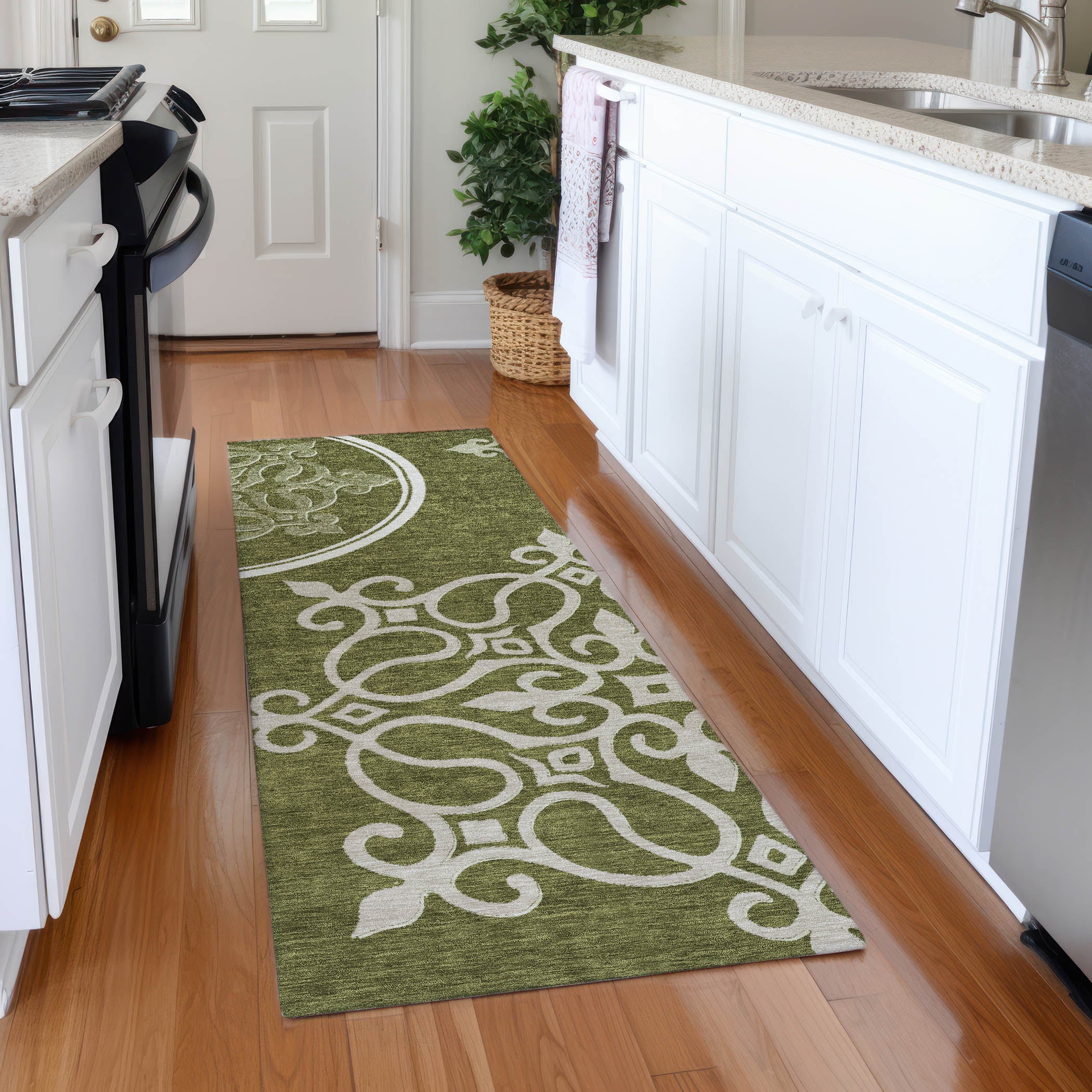 Kathmandu Machine Washable Transitional Olive Green Rug 2'3" x 7'6" #shape_Runner