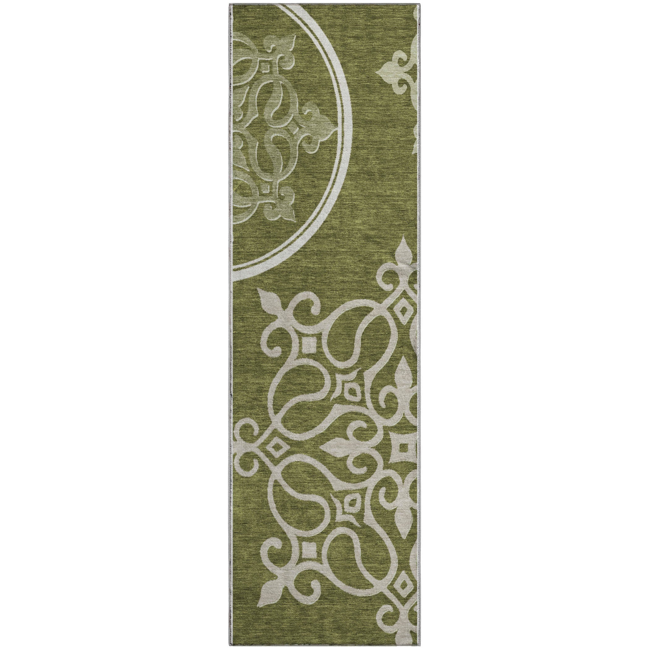 Kathmandu Machine Washable Transitional Olive Green Rug 2'3" x 7'6" #shape_Runner