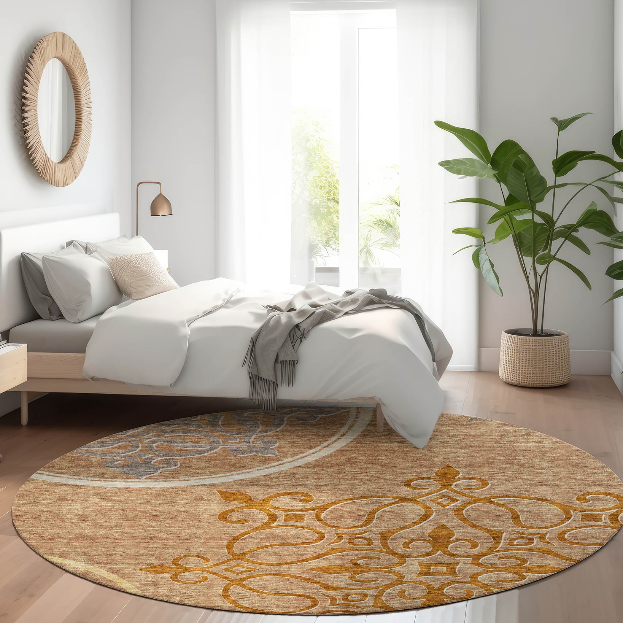 Kathmandu Machine Washable Transitional Terracotta Orange Rug 8' x 8' #shape_Round