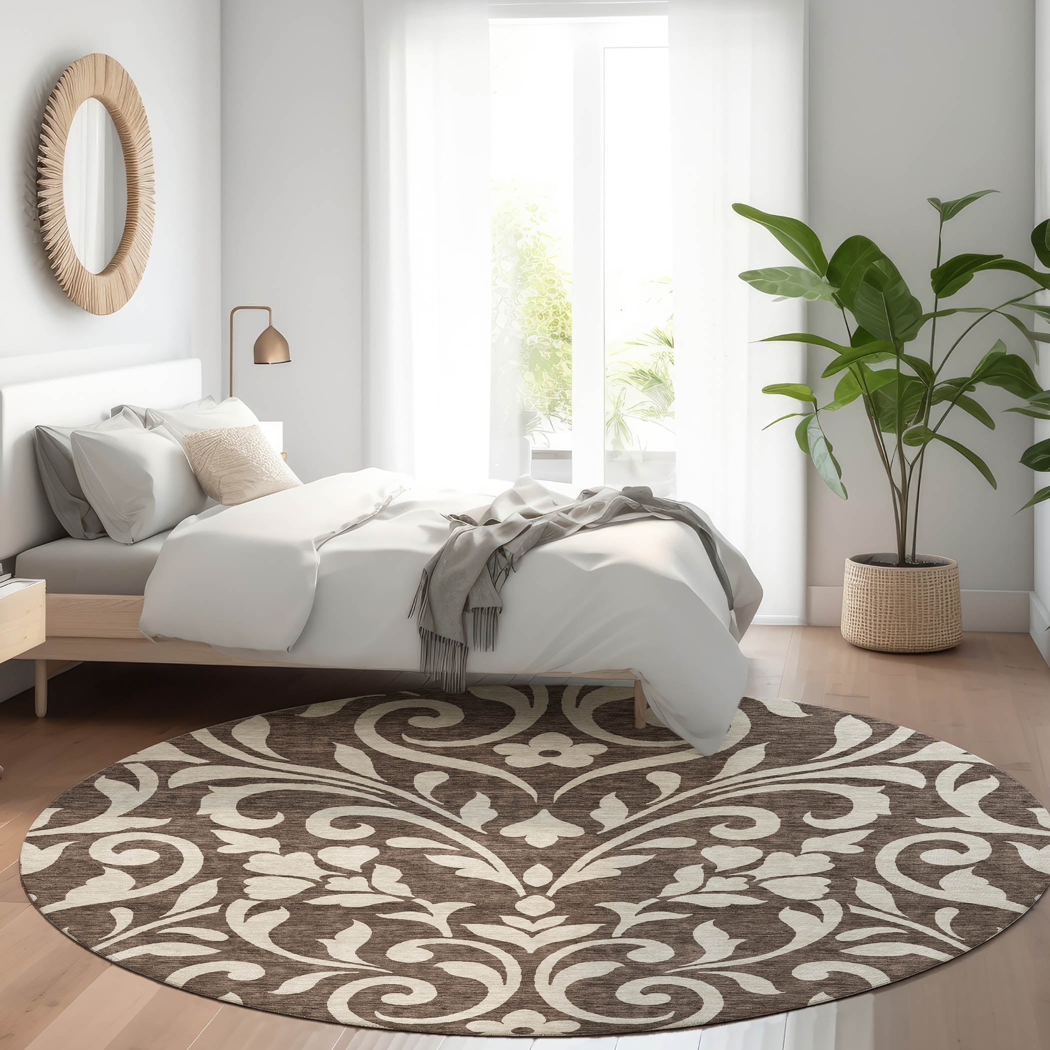 Montevideo Machine Washable Transitional Chocolate Brown Rug 8' x 8' #shape_Round