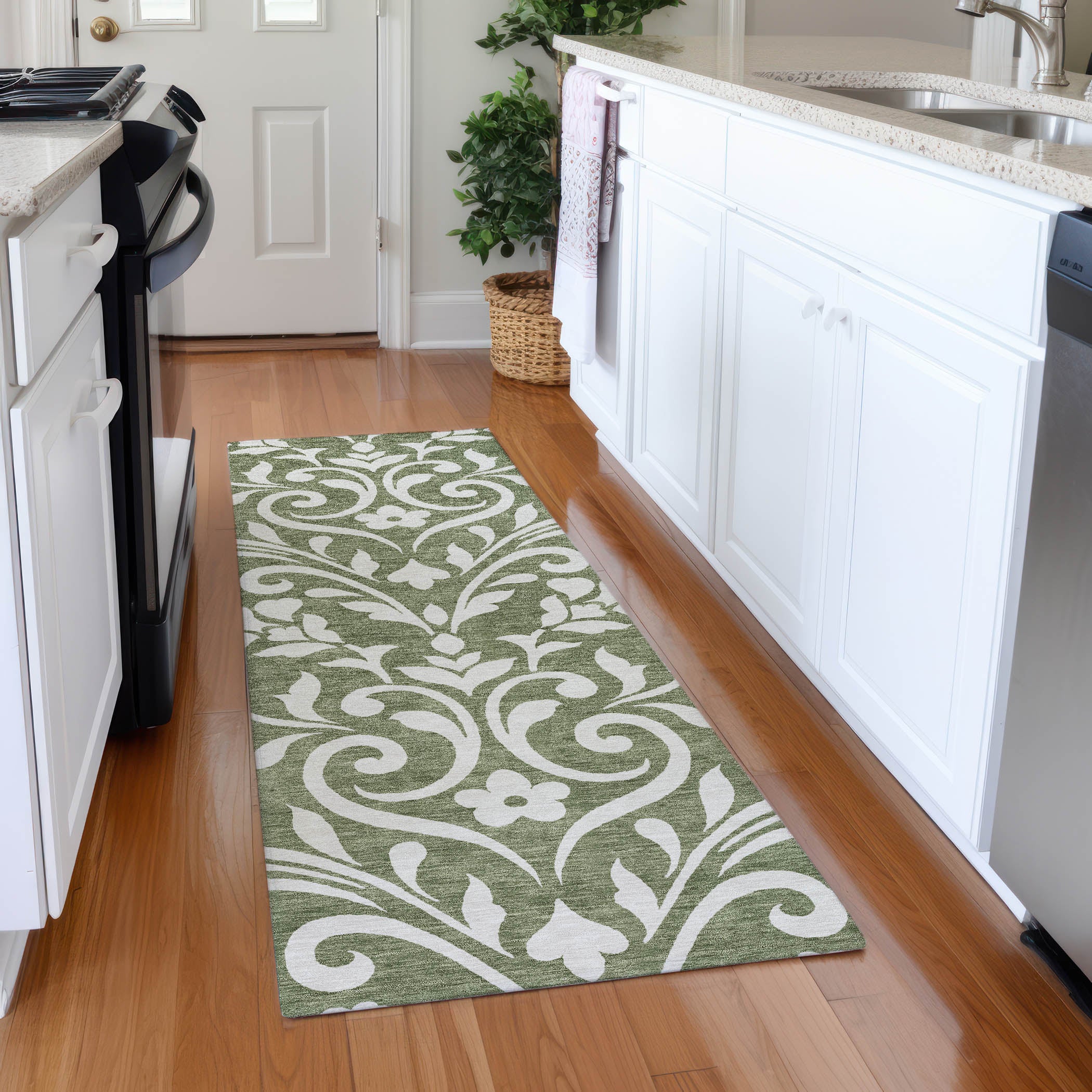 Montevideo Machine Washable Transitional Fern Green Rug 2'3" x 7'6" #shape_Runner