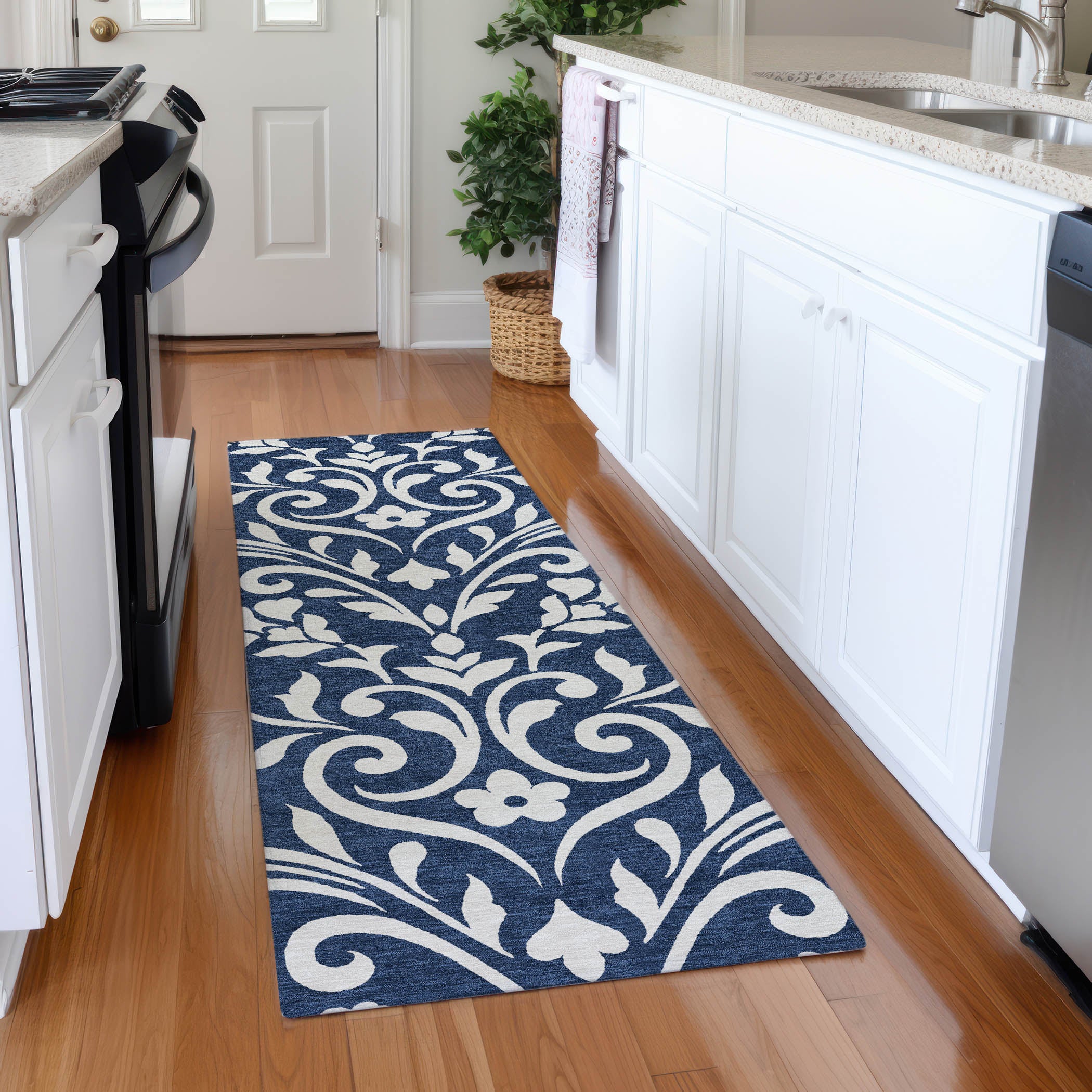 Montevideo Machine Washable Transitional Navy Blue Rug 2'3" x 7'6" #shape_Runner