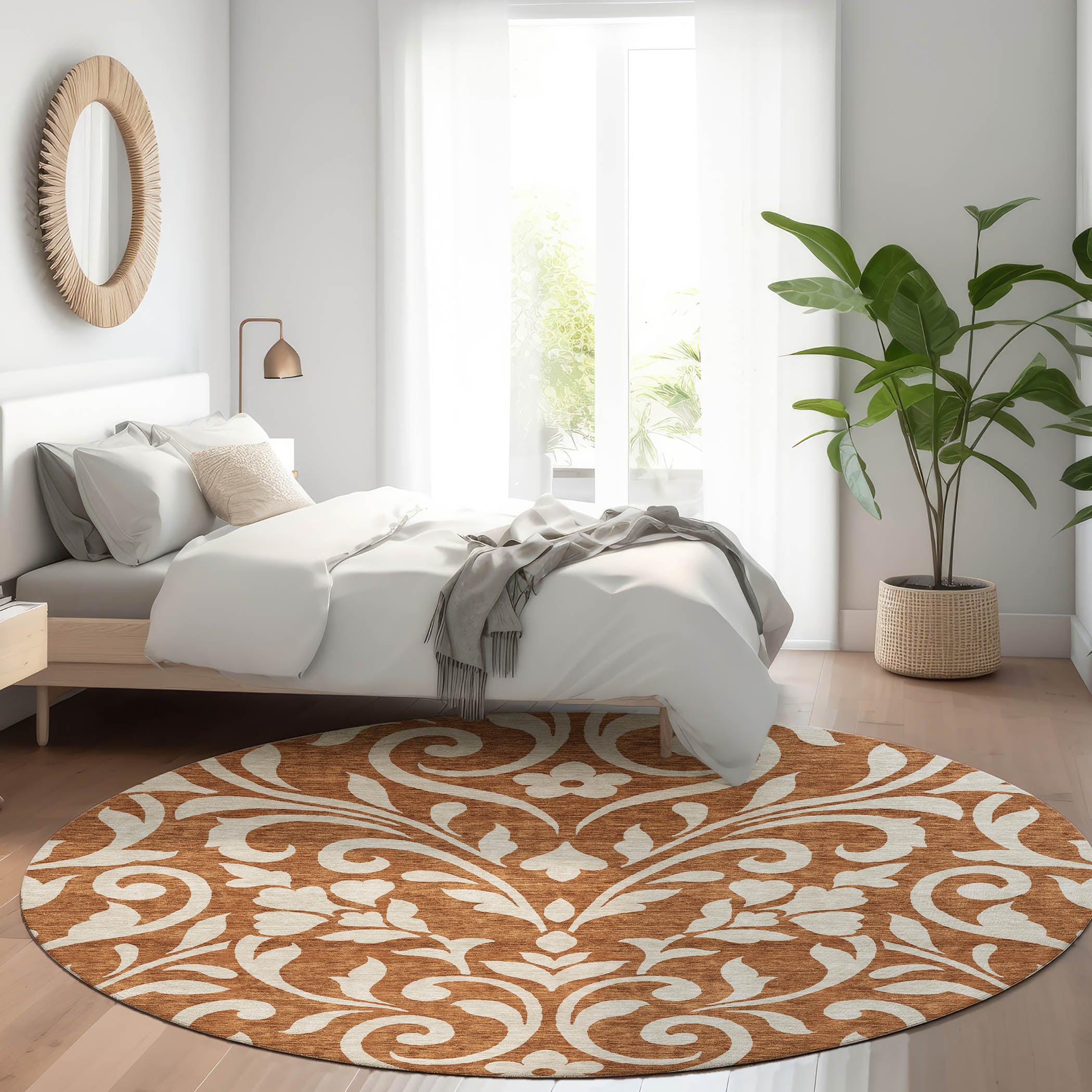 Montevideo Machine Washable Transitional Paprika Orange Rug 8' x 8' #shape_Round