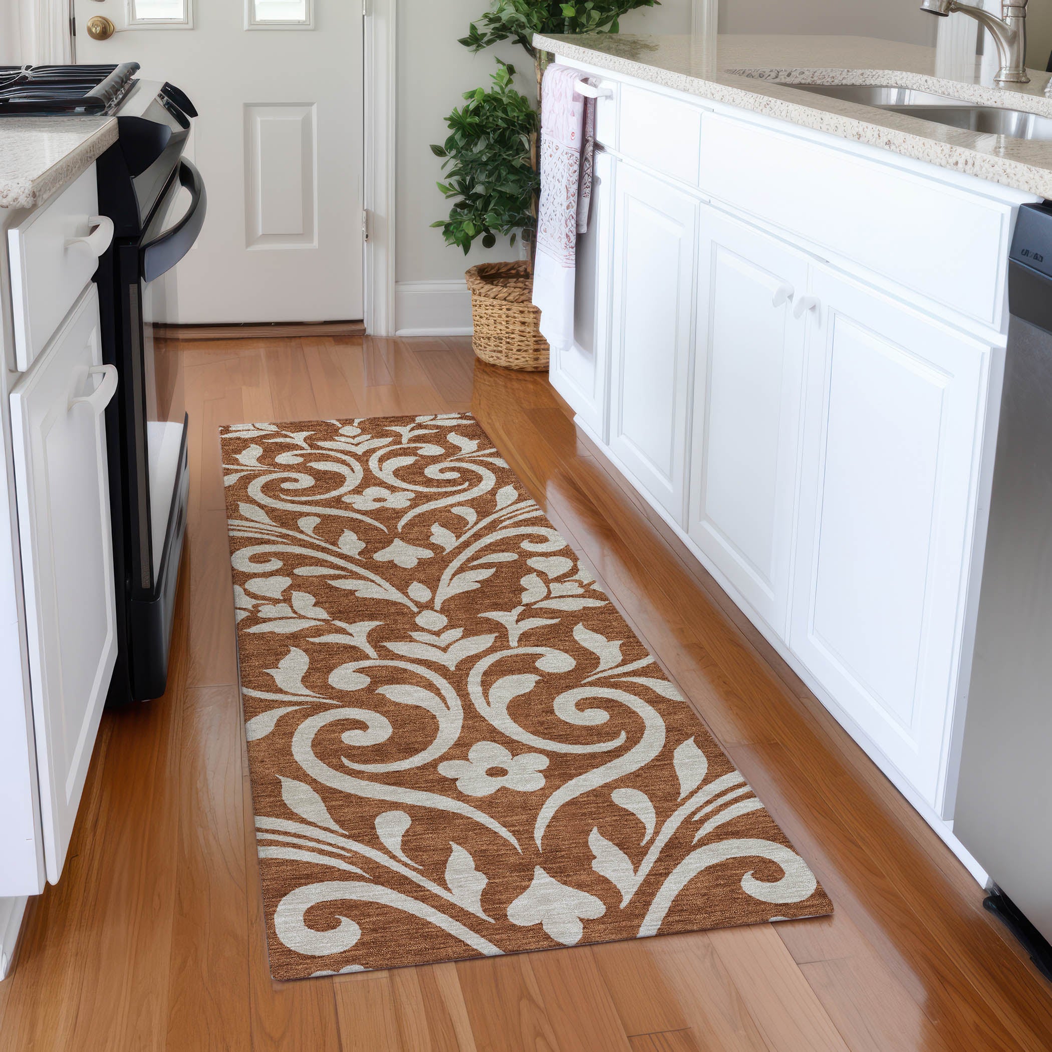 Montevideo Machine Washable Transitional Paprika Orange Rug 2'3" x 7'6" #shape_Runner