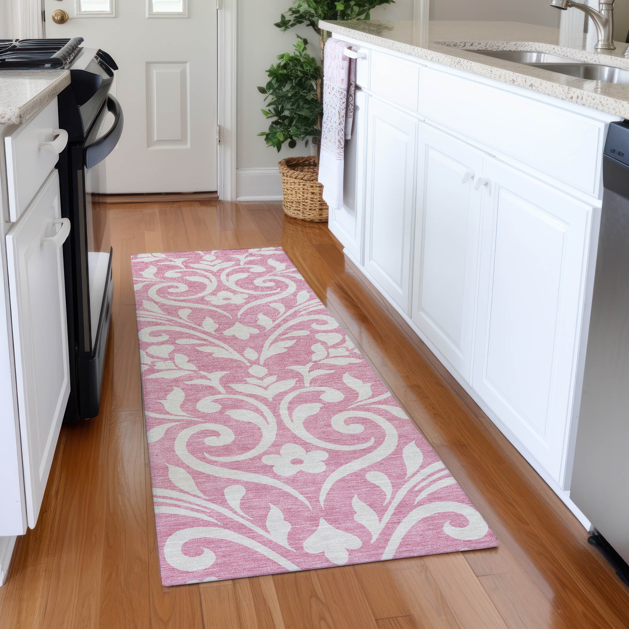 Montevideo Machine Washable Transitional Pink Rug 2'3" x 7'6" #shape_Runner