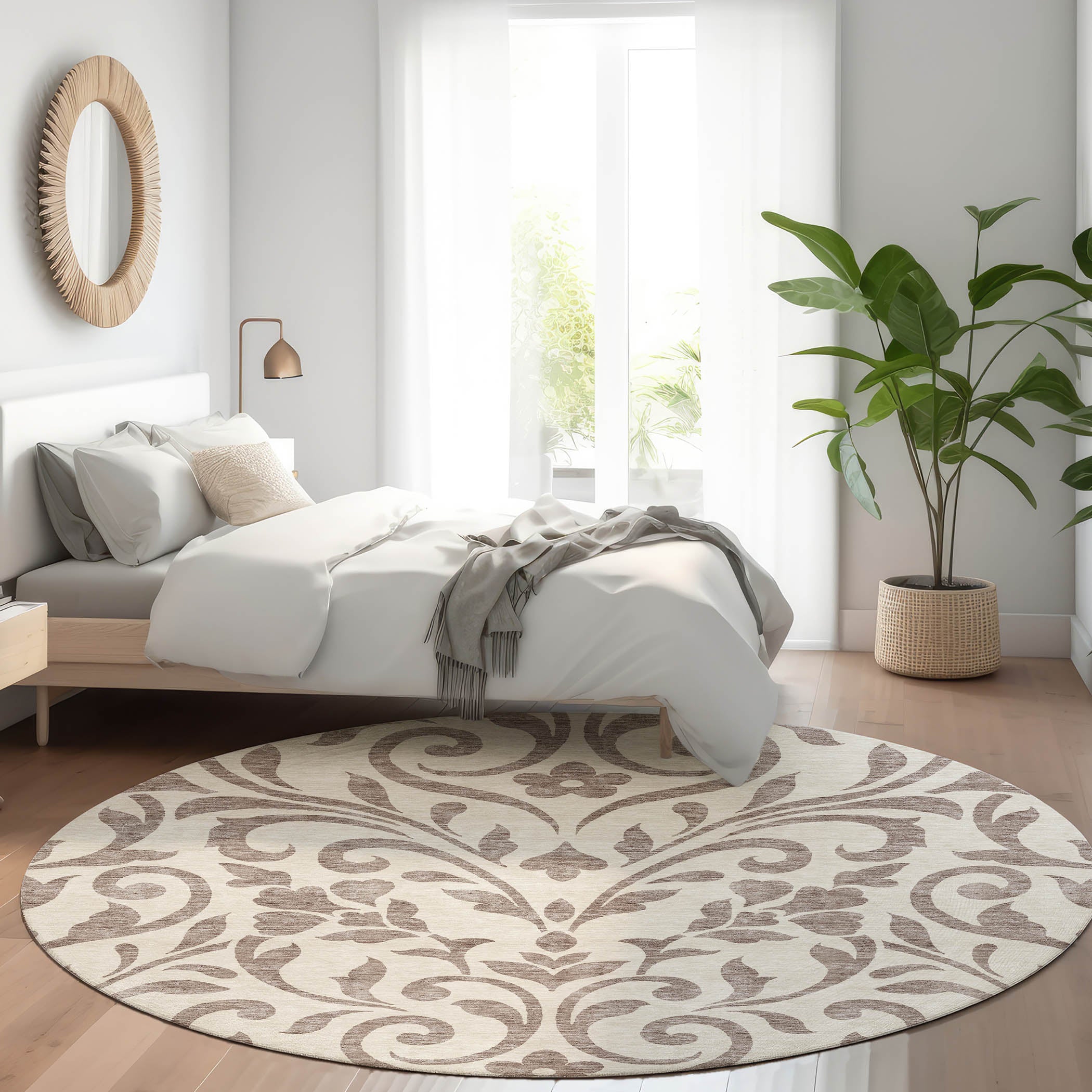 Montevideo Machine Washable Transitional Taupe Brown Rug 8' x 8' #shape_Round