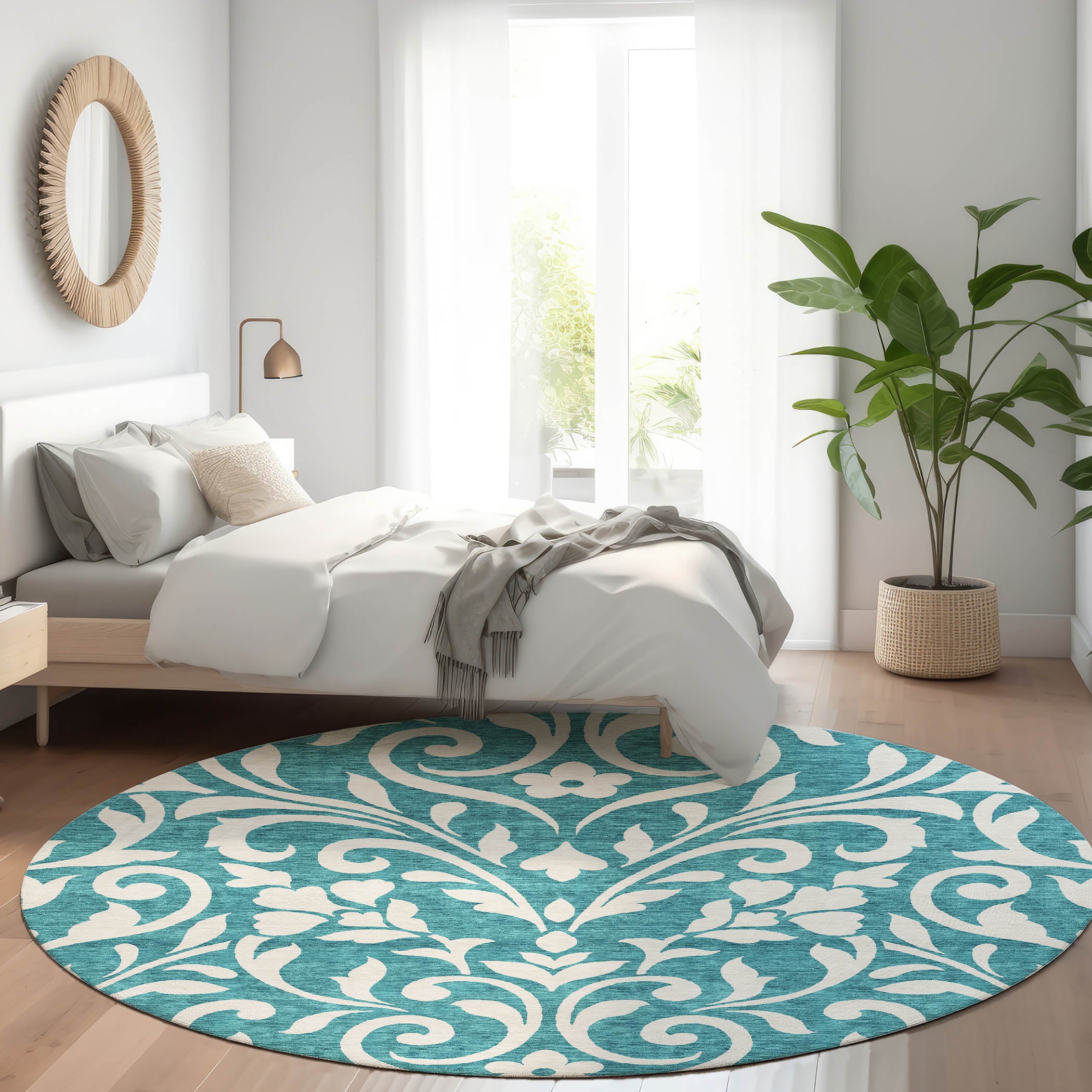 Montevideo Machine Washable Transitional Teal Rug 8' x 8' #shape_Round