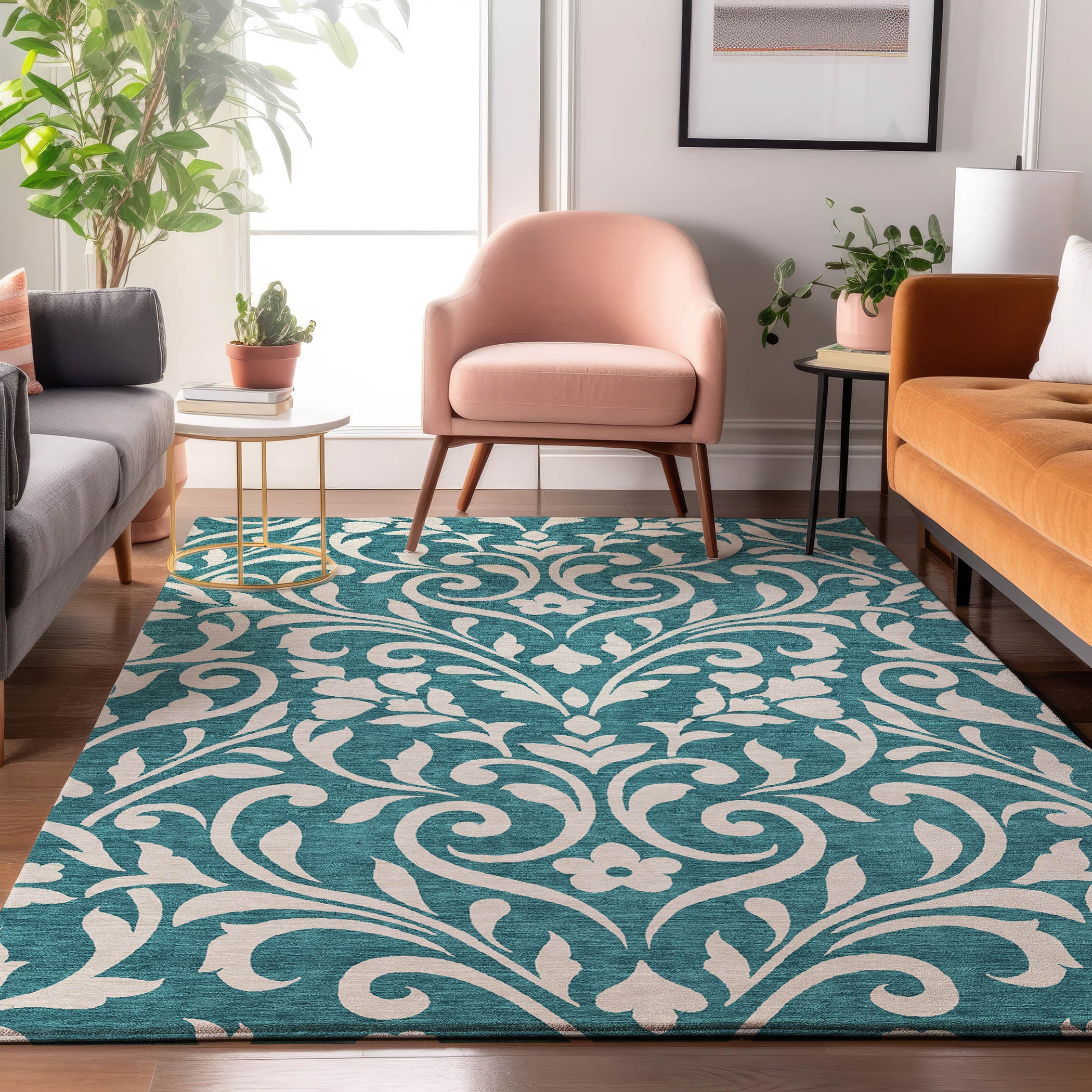 Montevideo Machine Washable Transitional Teal Rug 2'6" x 3'10" #shape_Rectangle