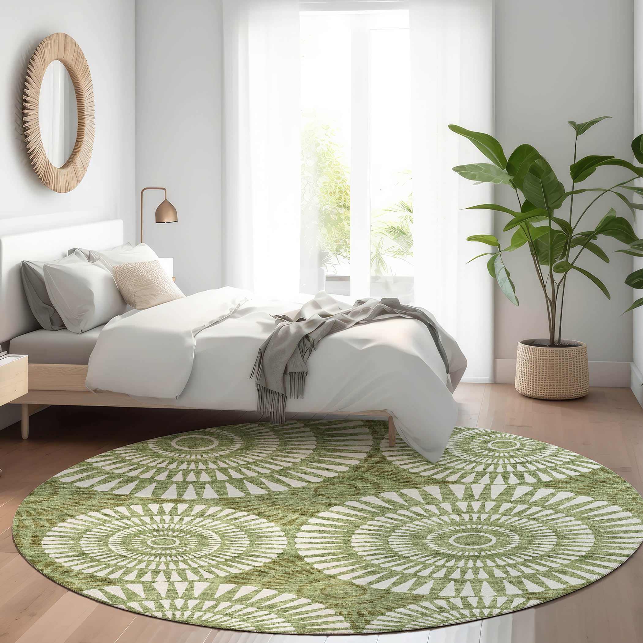 Oslo Machine Washable Transitional Green Rug 8' x 8' #shape_Round