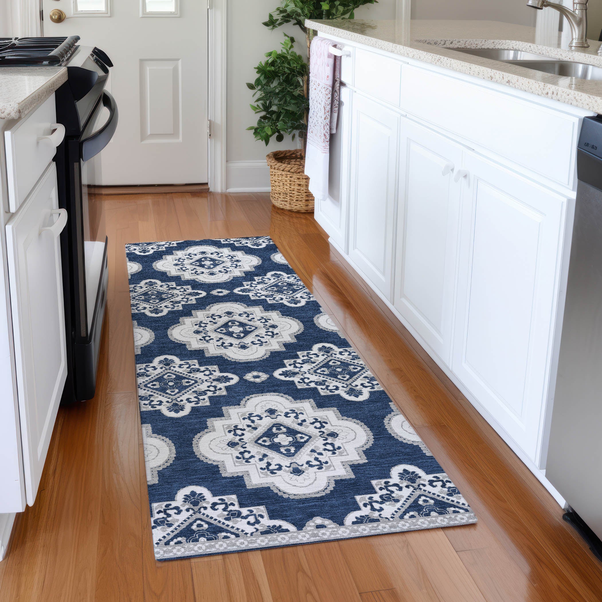 Vienna Machine Washable Transitional Navy Blue Rug 2'3" x 7'6" #shape_Runner