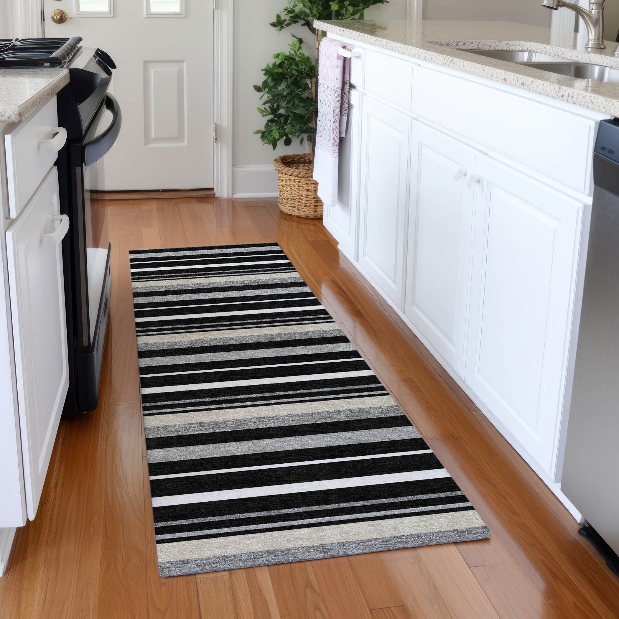 Bangkok Machine Washable Transitional Black Rug 2'3" x 7'6" #shape_Runner